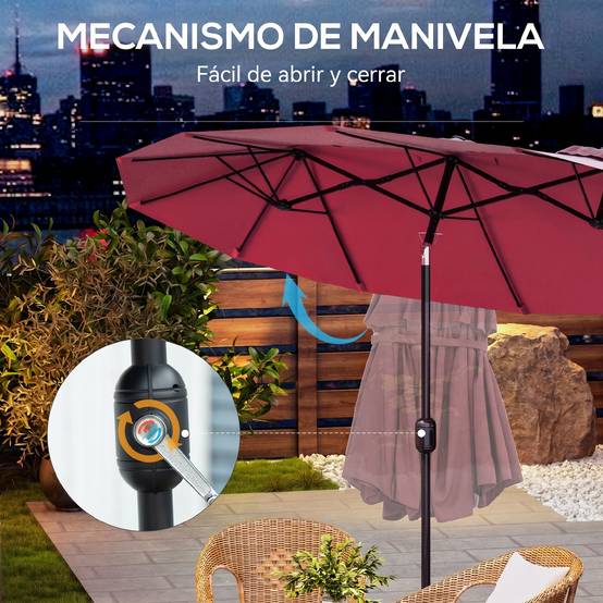 Parasol double de jardin 295 x 152 x 222 cm avec inclinaison à 45° et manivelle manuelle pour terrasse, balcon ou piscine, rouge - Image 8