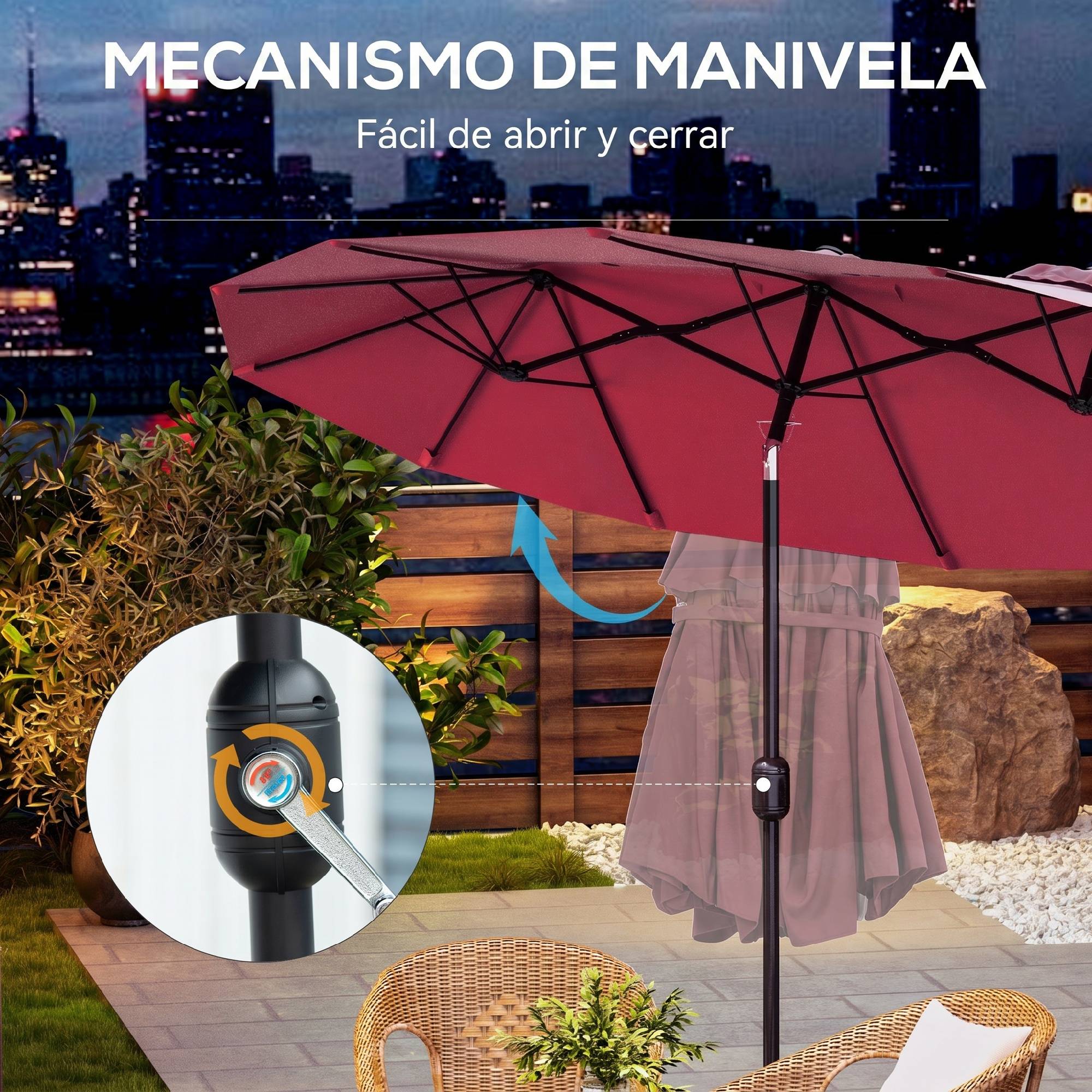 Parasol double de jardin 295 x 152 x 222 cm avec inclinaison à 45° et manivelle manuelle pour terrasse, balcon ou piscine, rouge - Image 8