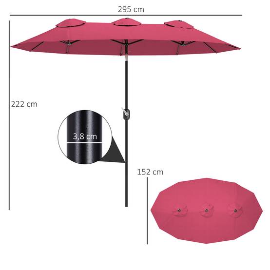 Parasol double de jardin 295 x 152 x 222 cm avec inclinaison à 45° et manivelle manuelle pour terrasse, balcon ou piscine, rouge - Image 5
