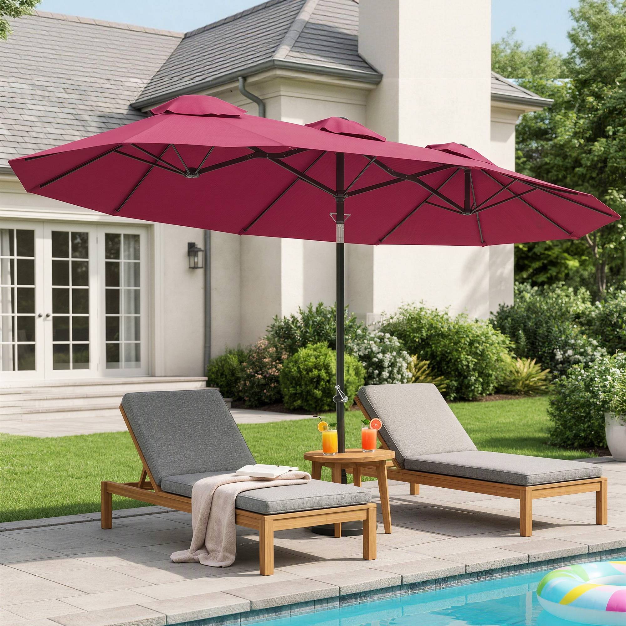 Parasol double de jardin 295 x 152 x 222 cm avec inclinaison à 45° et manivelle manuelle pour terrasse, balcon ou piscine, rouge - Image 3