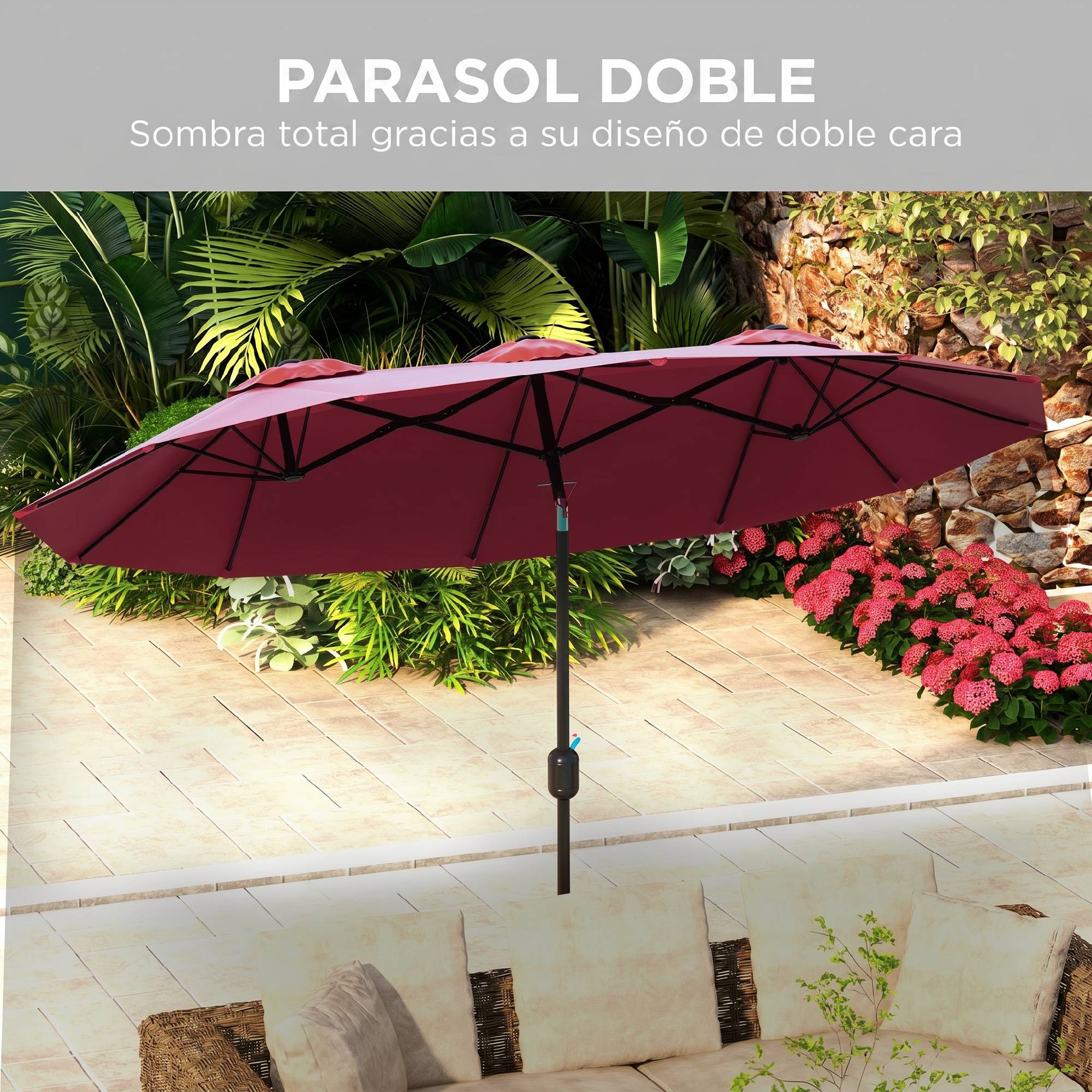 Parasol double de jardin 295 x 152 x 222 cm avec inclinaison à 45° et manivelle manuelle pour terrasse, balcon ou piscine, rouge - Image 7