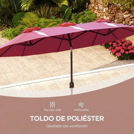 Parasol double de jardin 295 x 152 x 222 cm avec inclinaison à 45° et manivelle manuelle pour terrasse, balcon ou piscine, rouge - Image 9
