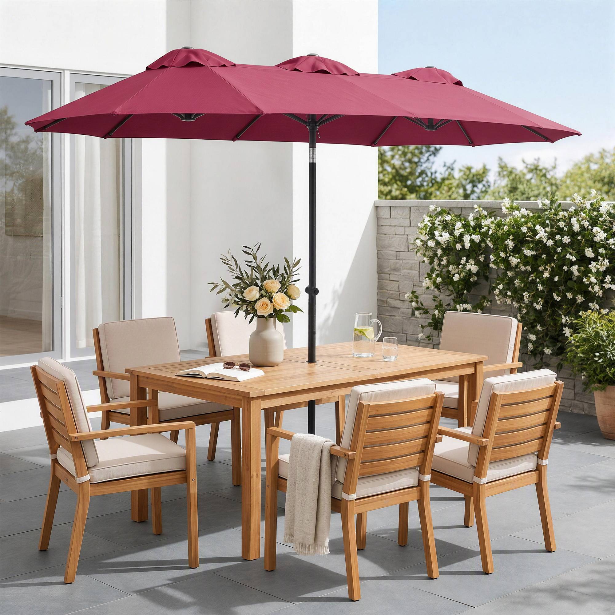 Parasol double de jardin 295 x 152 x 222 cm avec inclinaison à 45° et manivelle manuelle pour terrasse, balcon ou piscine, rouge - Image 10