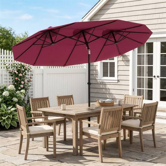 Parasol double de jardin 295 x 152 x 222 cm avec inclinaison à 45° et manivelle manuelle pour terrasse, balcon ou piscine, rouge - Image 4