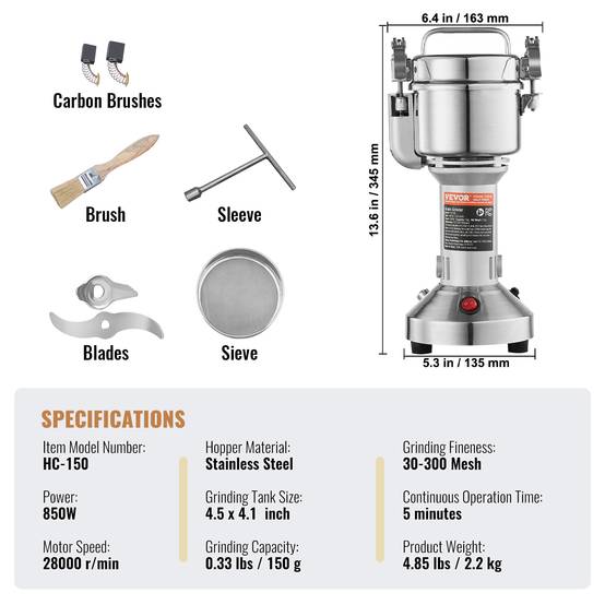 VEVOR Moulin à épices électrique 150g 850W, inox, type droit, céréales, épices, herbes, poivres. - Image 7