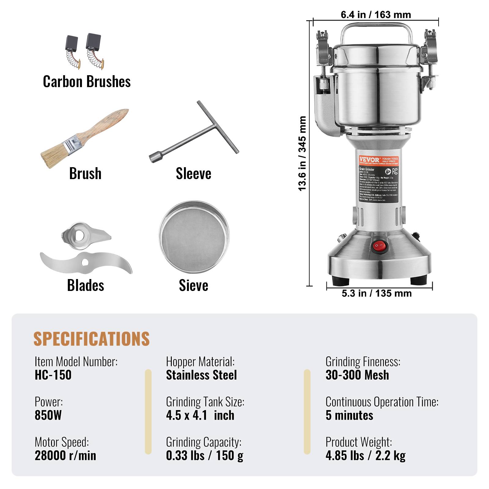 VEVOR Moulin à épices électrique 150g 850W, inox, type droit, céréales, épices, herbes, poivres. - Image 7