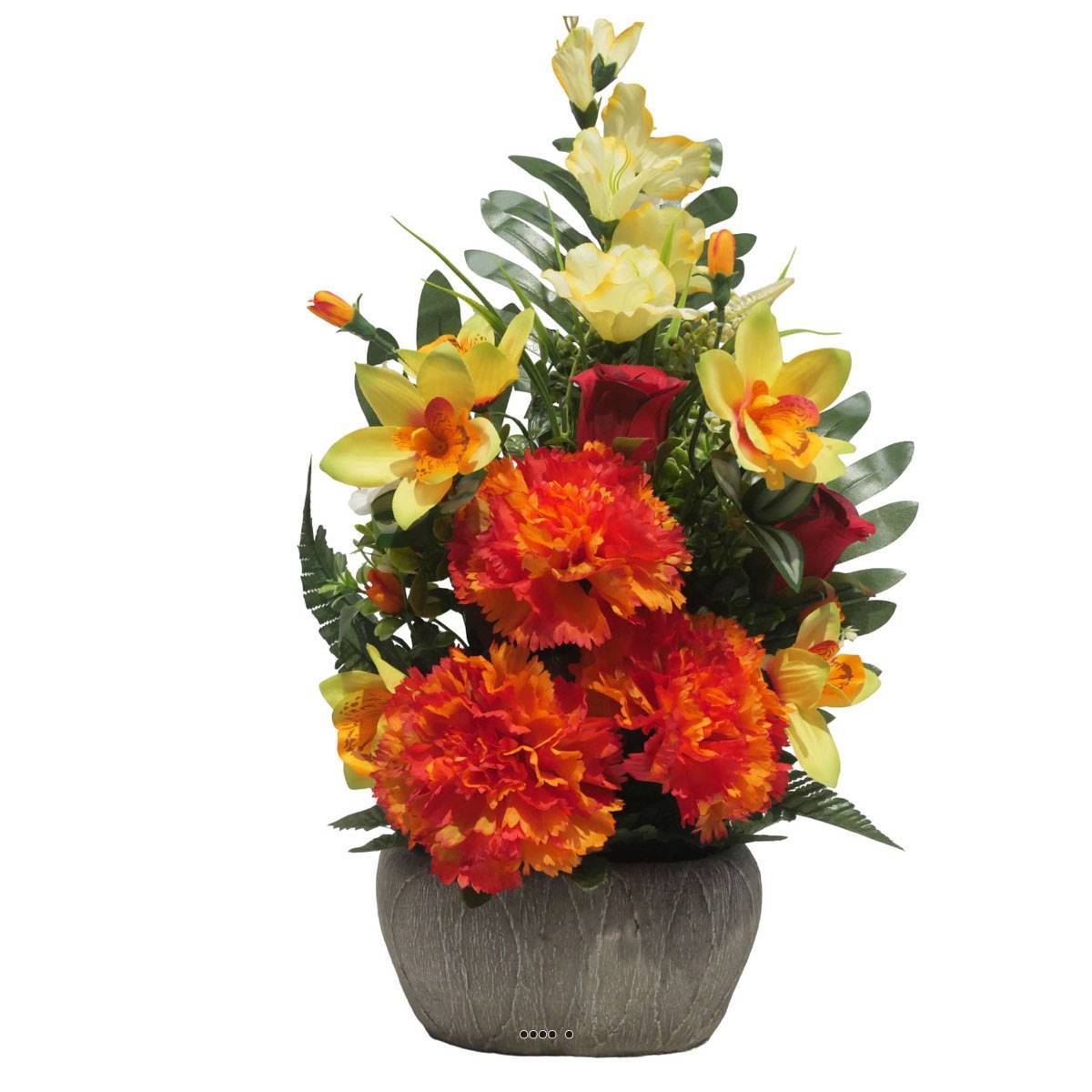 Artificielles - jardinièrre pot beton d'oeillet,bouton de rose, Orchidée, glaieul Orange pour la Toussaint - couleur: Orange - Image 1