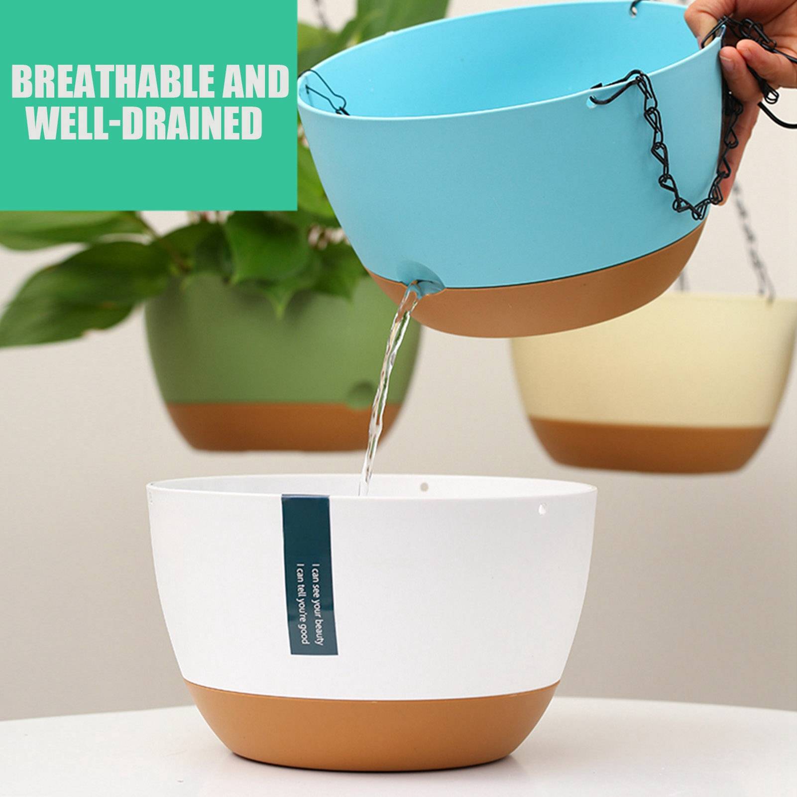 Pot Fleur Suspendu Plastique Balcon Drainage Plateau Amovible Vert 20.5cm - ComfortXL Outdoor Living - Image 3