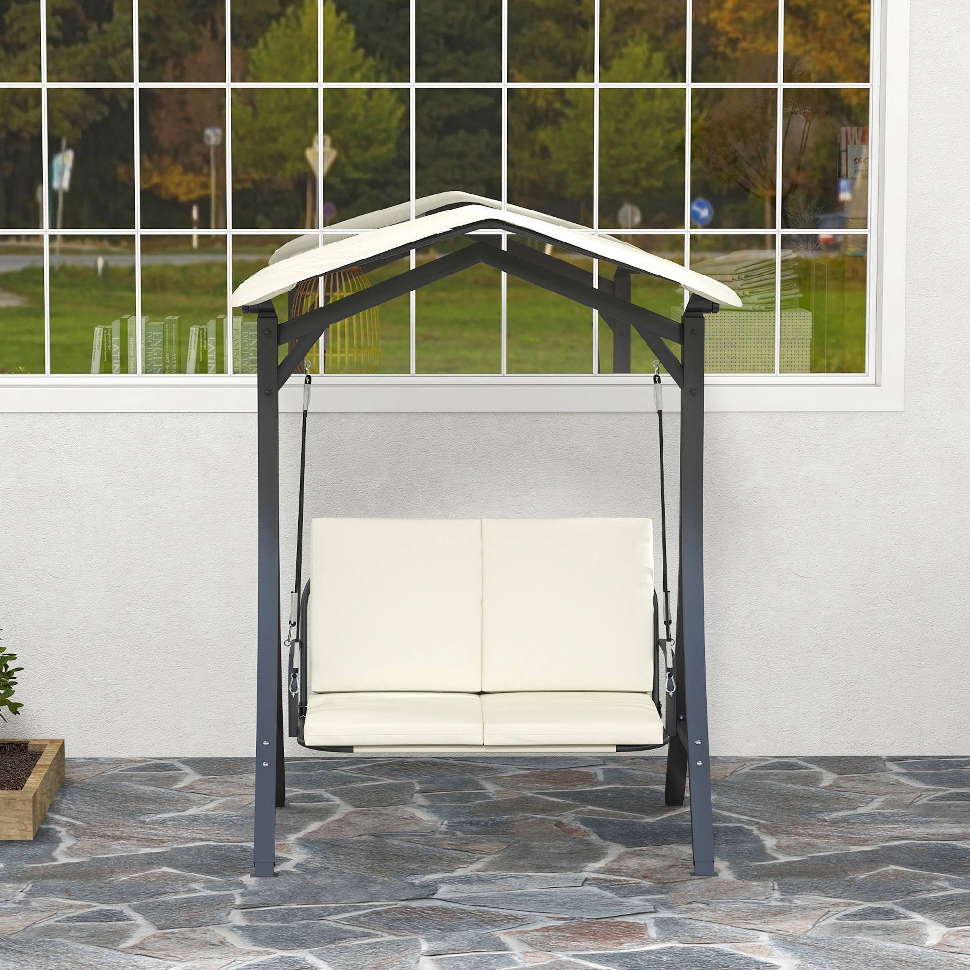 Balancelle de jardin 2 places Métal pour patio Toit inclinable UPF30+ 150x120x182 Blanc crème - ComfortXL Outdoor Living - Image 9