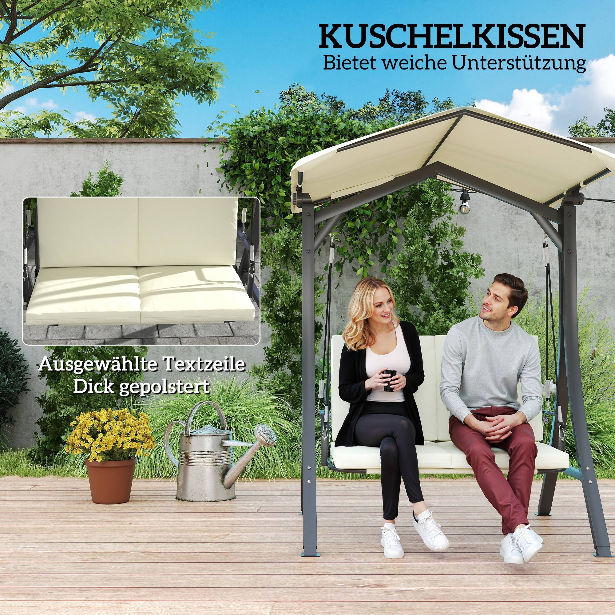 Balancelle de jardin 2 places Métal pour patio Toit inclinable UPF30+ 150x120x182 Blanc crème - ComfortXL Outdoor Living - Image 7