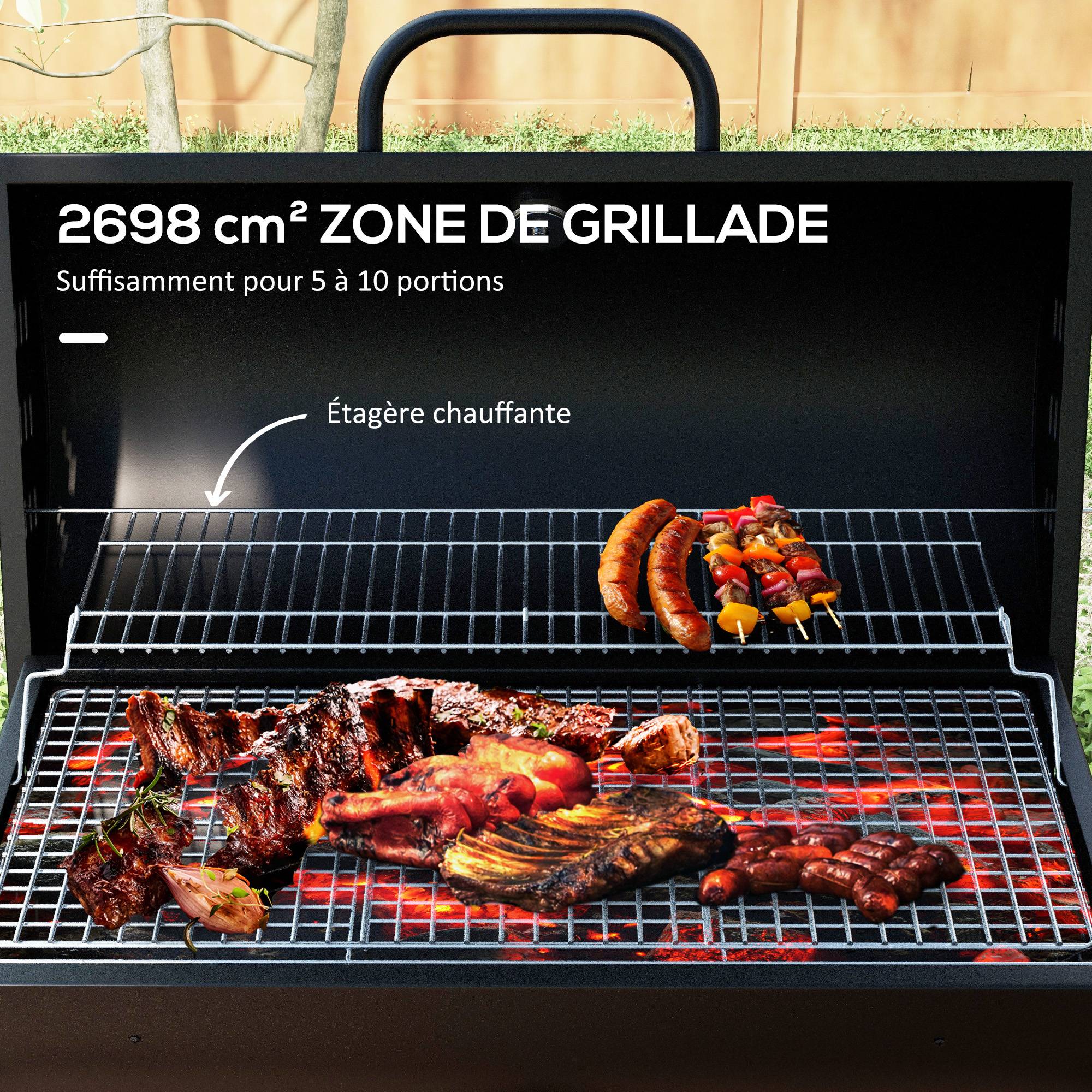 Barbecue charbon métal pour jardin cuisson familiale thermomètre 95 cm noir - ComfortXL Outdoor Living - Image 6