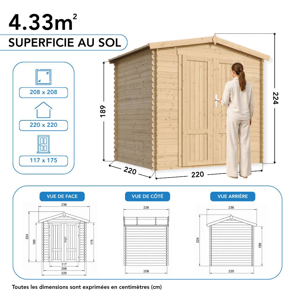 Timbela - Abri de jardin en bois avec plancher - 4.33 m² / 226x236xH224 cm - M369F1+M369G - 19 mm d’épaisseur - Timbela - Image 8