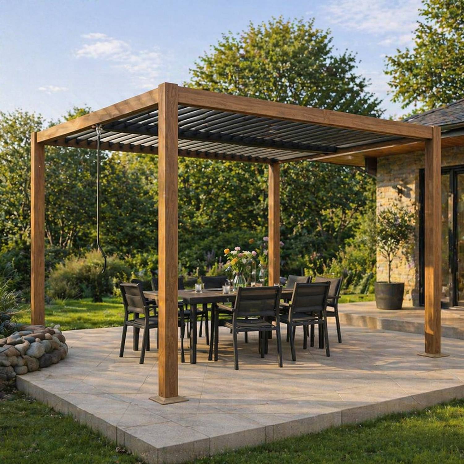 Pergola bioclimatique structure et lames orientables en aluminium vert 3x3m RHODES - Image 2