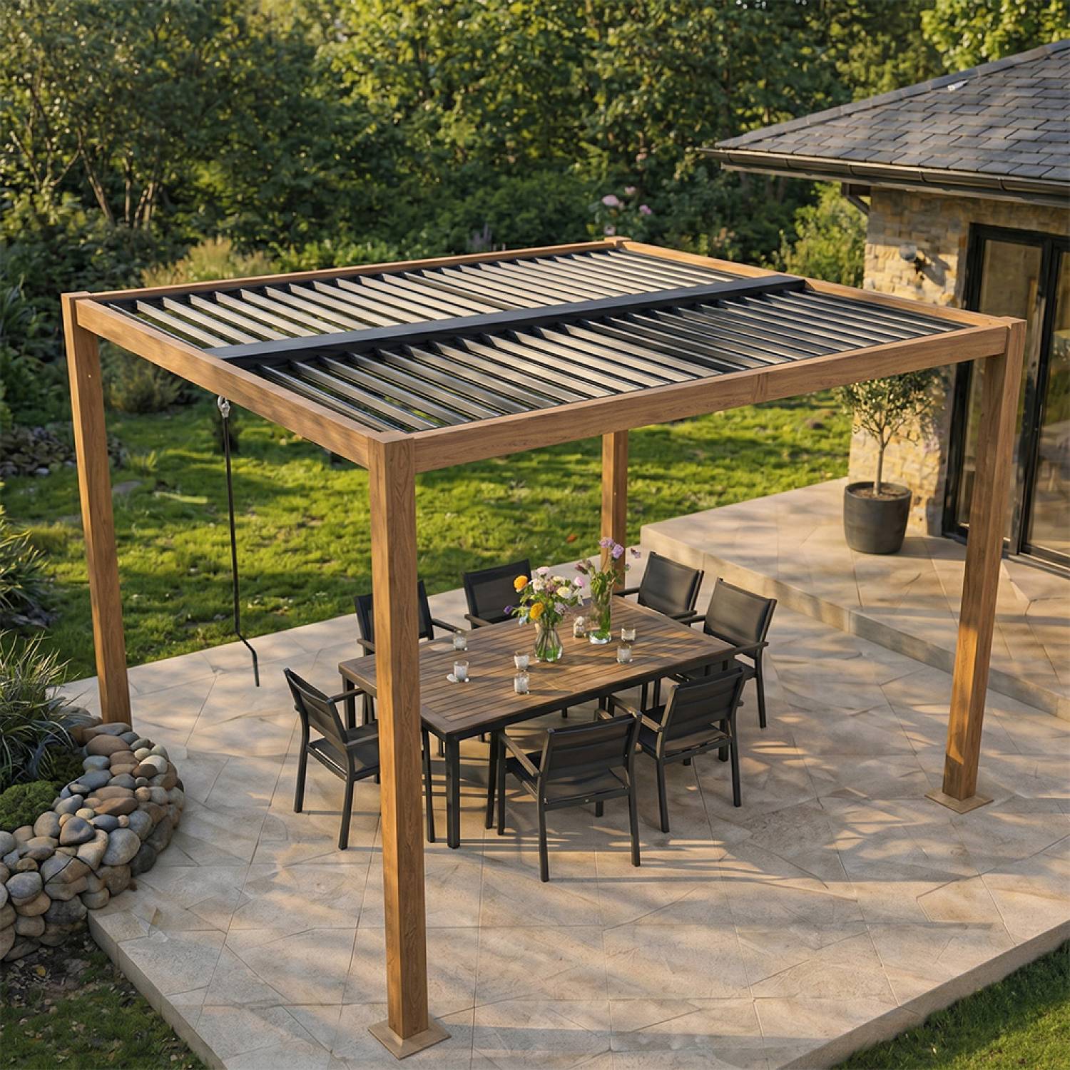 Pergola bioclimatique structure et lames orientables en aluminium vert 3x3m RHODES - Image 6