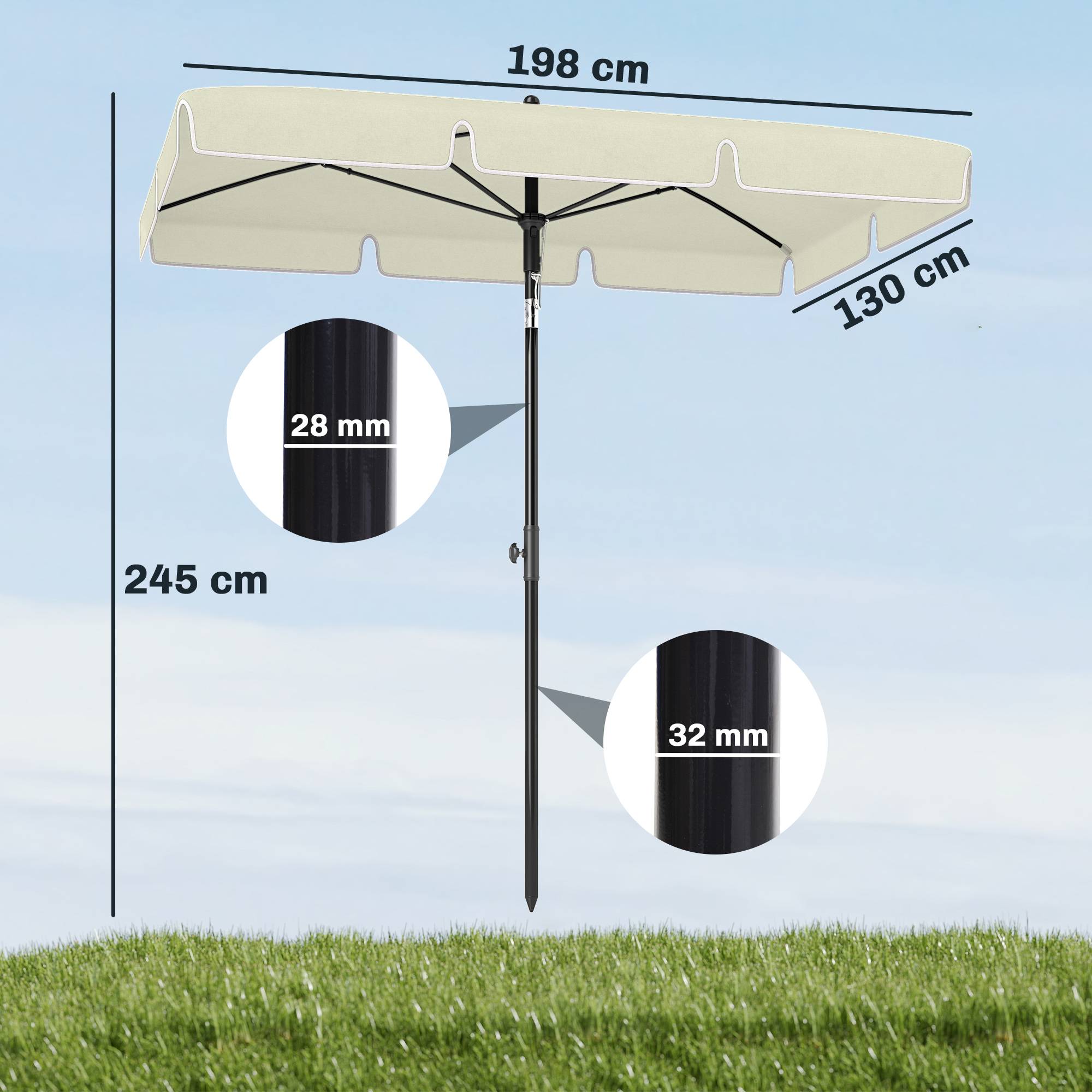 Parasol de jardin Parasol droit rectangulaire inclinable alu métal polyester haute densité 2 x 1,3 m beige clair - Image 5