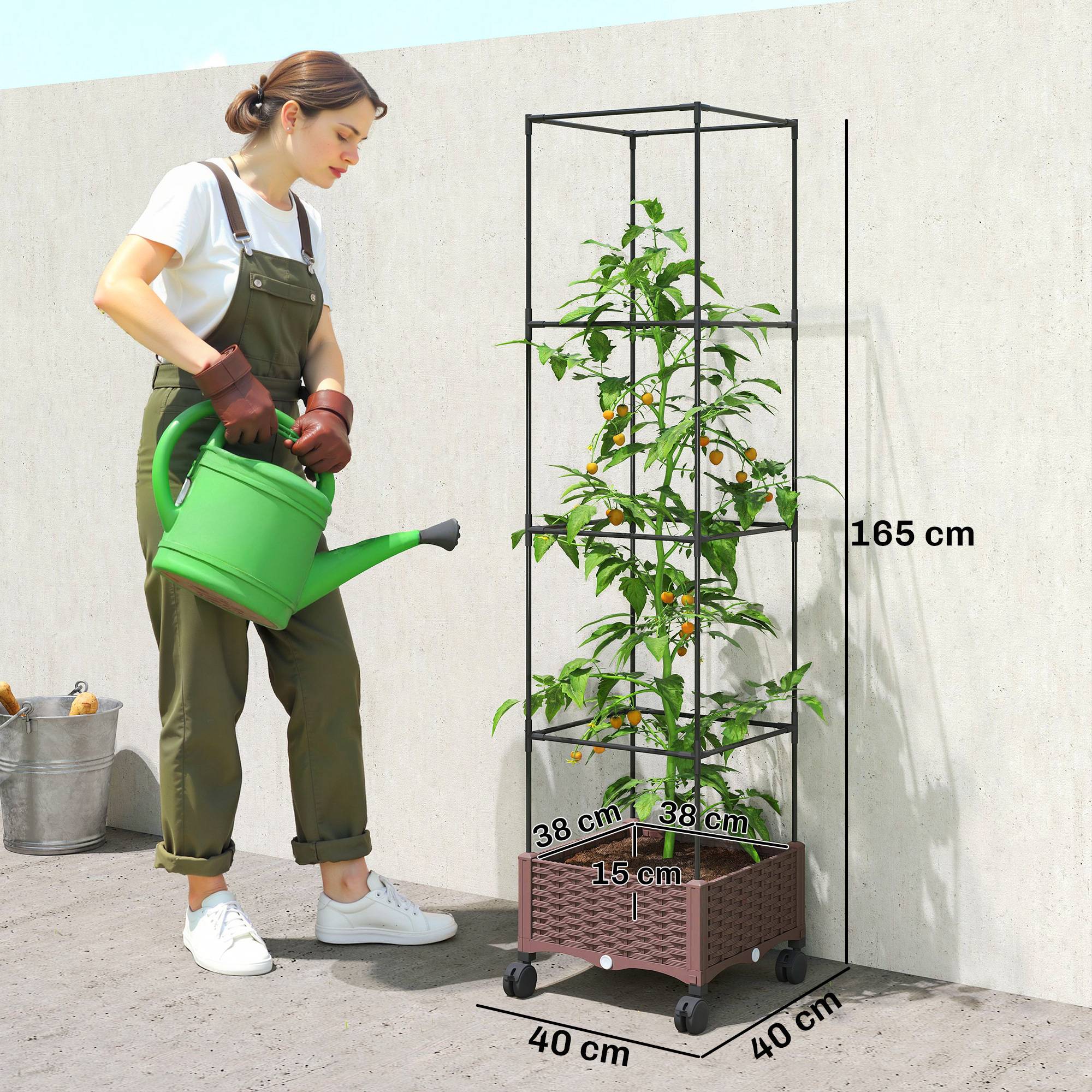 Sans Marque - Jardinière treillis roulettes drainage légumes fleurs herbes 40x40x165 cm marron - Image 5