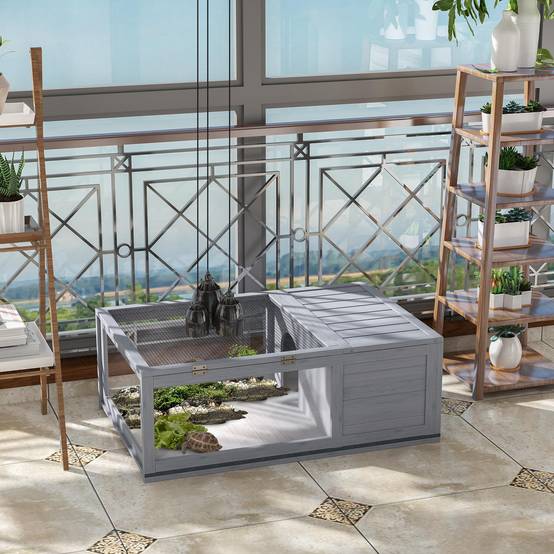 Maison enclos cage habitat pour petit animal tortues avec 2 espaces 91 x 60,5 x 32 cm bois massif gris - Image 3