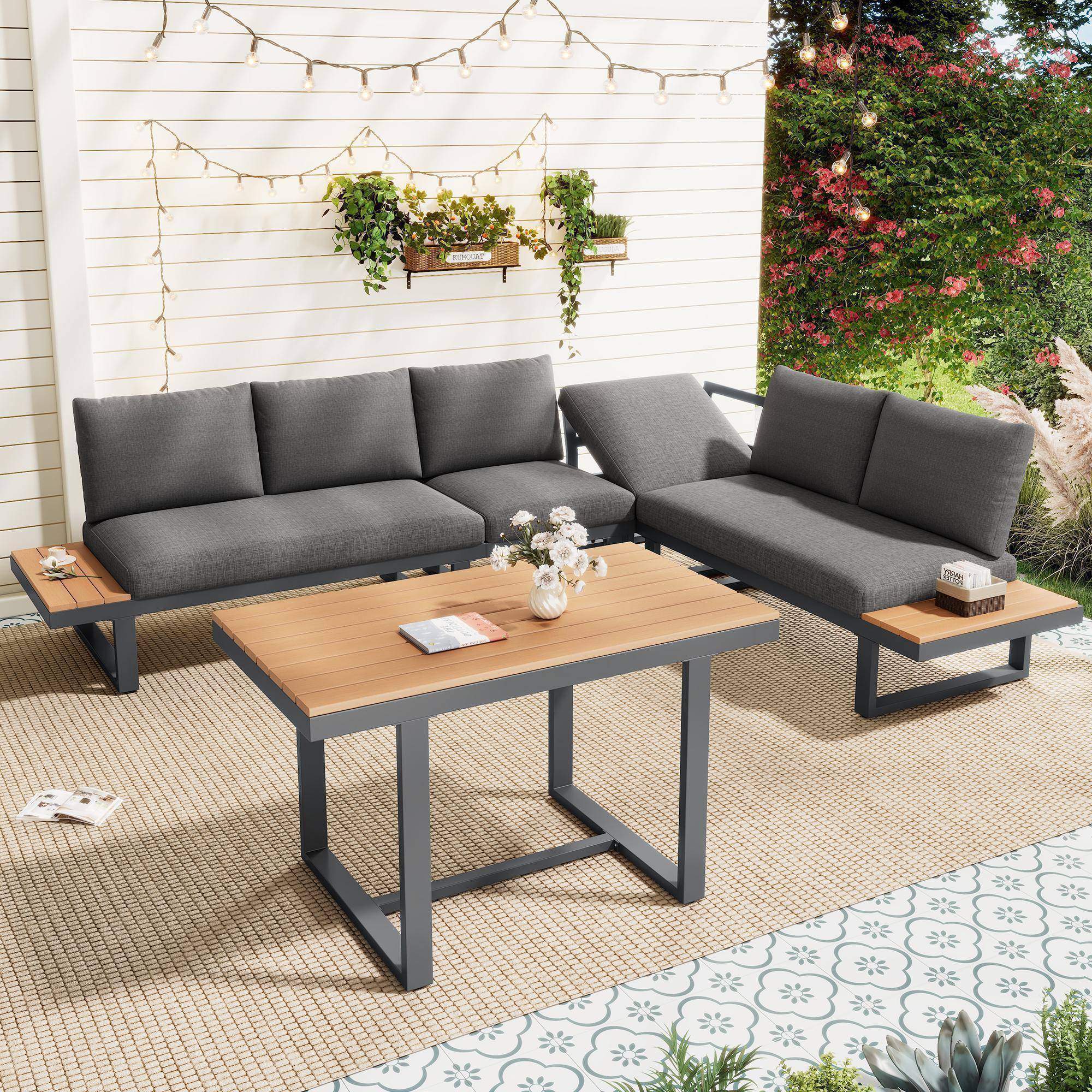 Ensemble de mobilier de jardin, avec inclinaison réglable (5 positions, jusqu'à 55°), tubes en acier galvanisé, gris + noir - Image 2