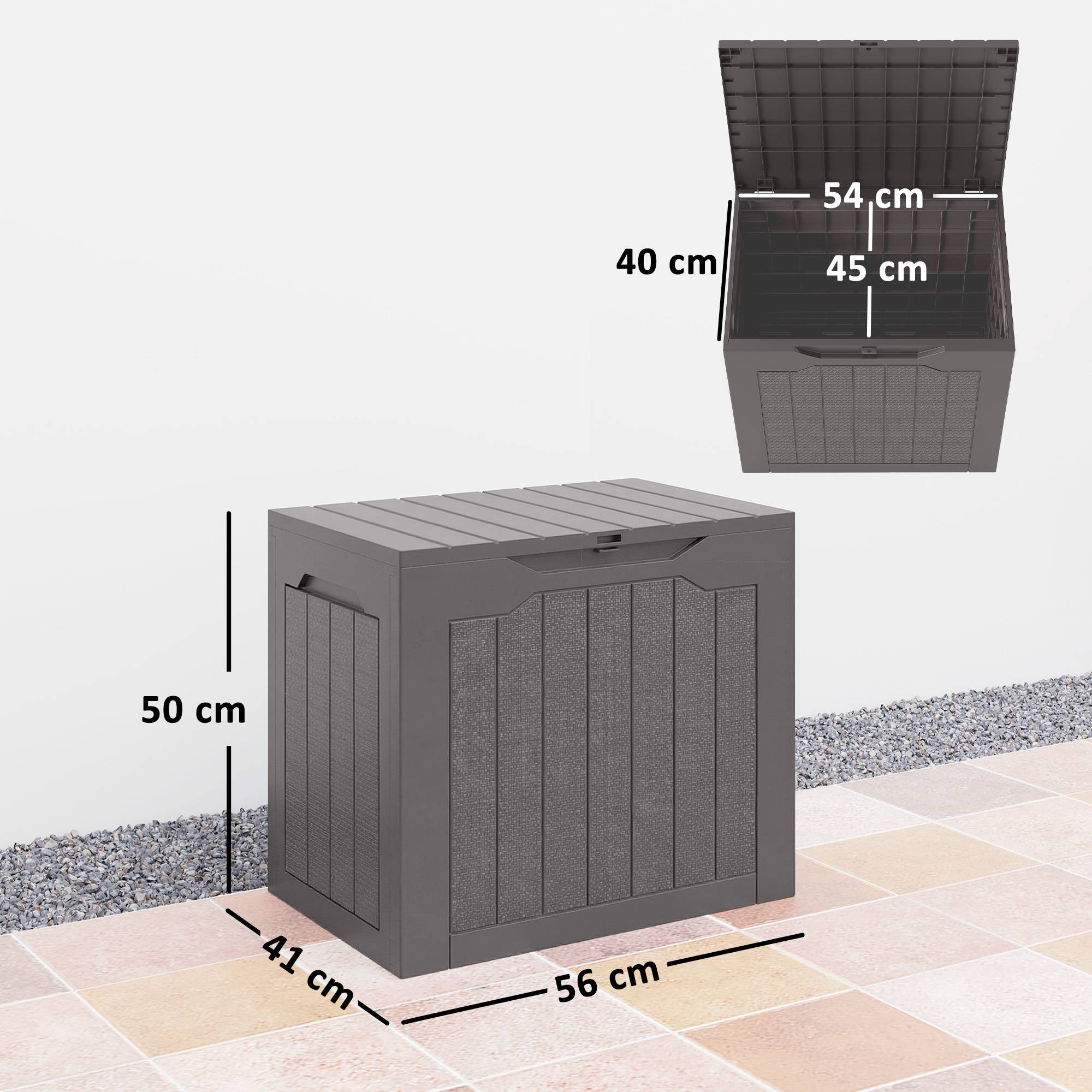 Coffre de rangement extérieur 97L avec poignées encastrées, malle de rangement extérieur étanche 56 x 41 x 50 cm, marron - Image 5