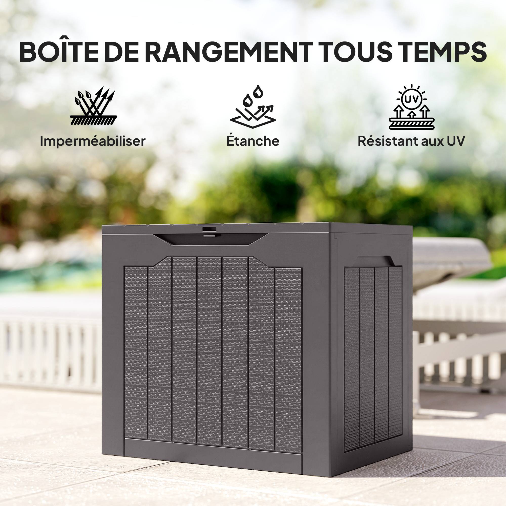 Coffre de rangement extérieur 97L avec poignées encastrées, malle de rangement extérieur étanche 56 x 41 x 50 cm, marron - Image 9