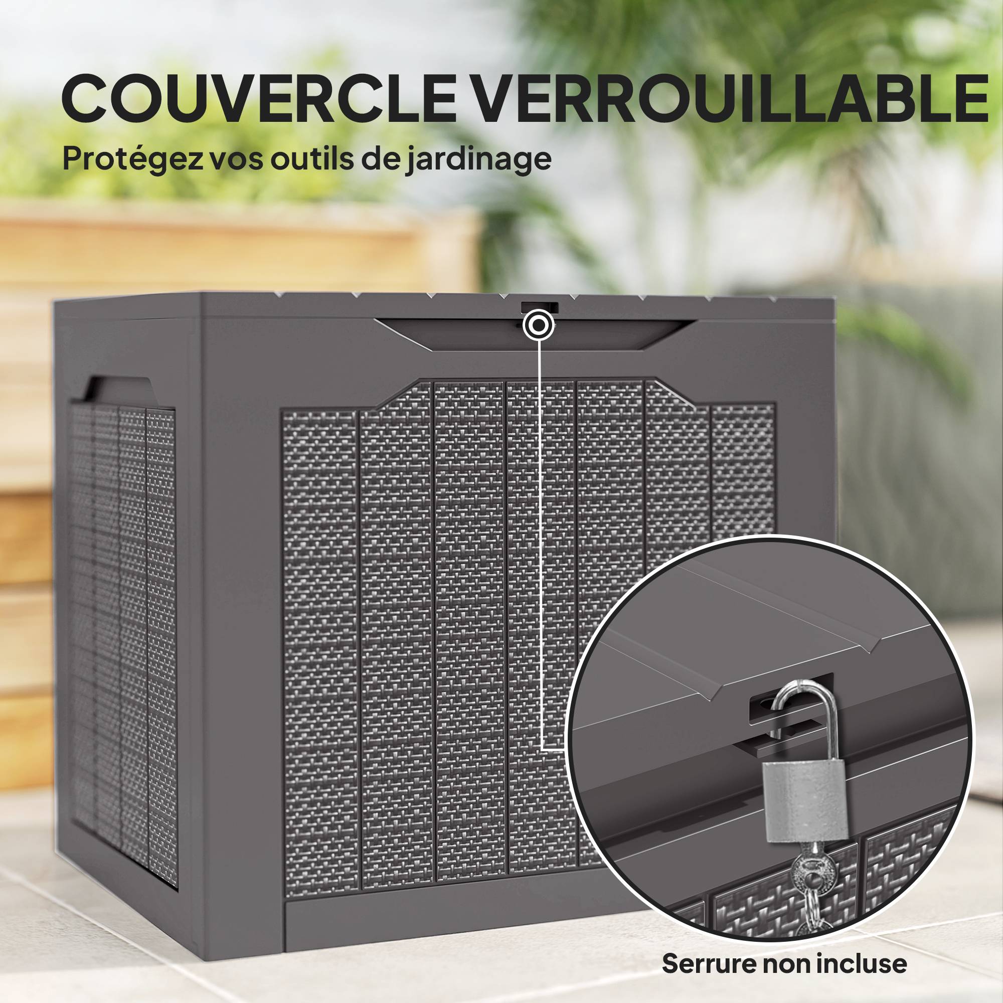 Coffre de rangement extérieur 97L avec poignées encastrées, malle de rangement extérieur étanche 56 x 41 x 50 cm, marron - Image 8