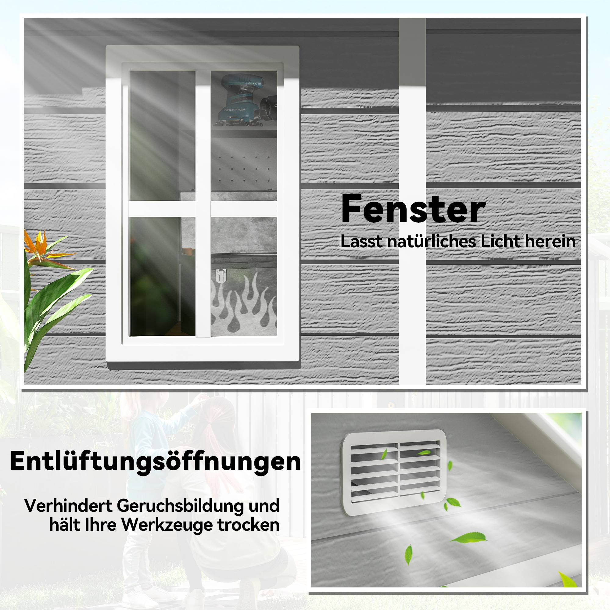 Abri de jardin, abri à outils avec plancher, portes verrouillables, ouvertures de ventilation, fenêtres, aspect bois, plastique, gris - Image 8
