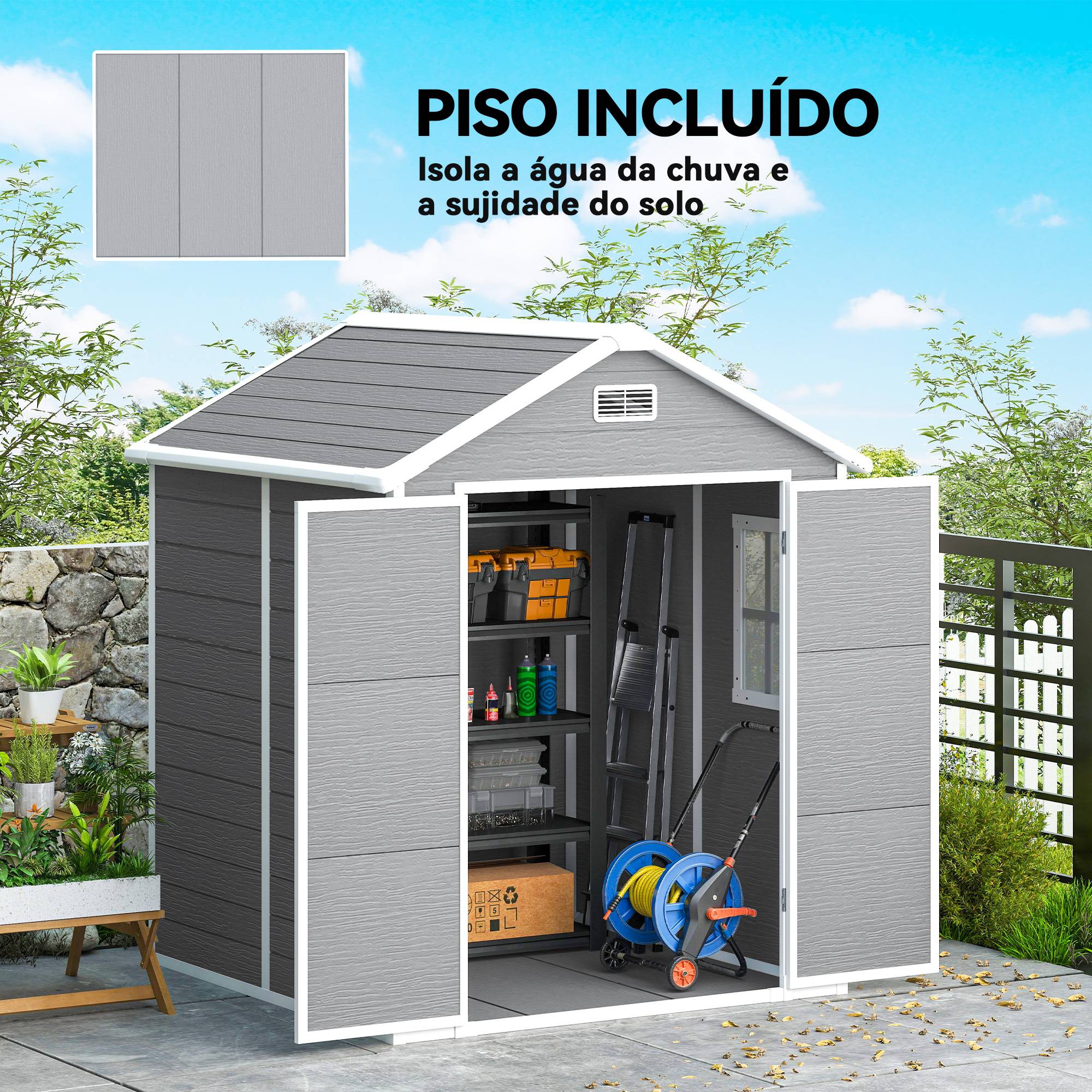 Abri de jardin, abri à outils avec plancher, portes verrouillables, ouvertures de ventilation, fenêtres, aspect bois, plastique, gris - Image 7