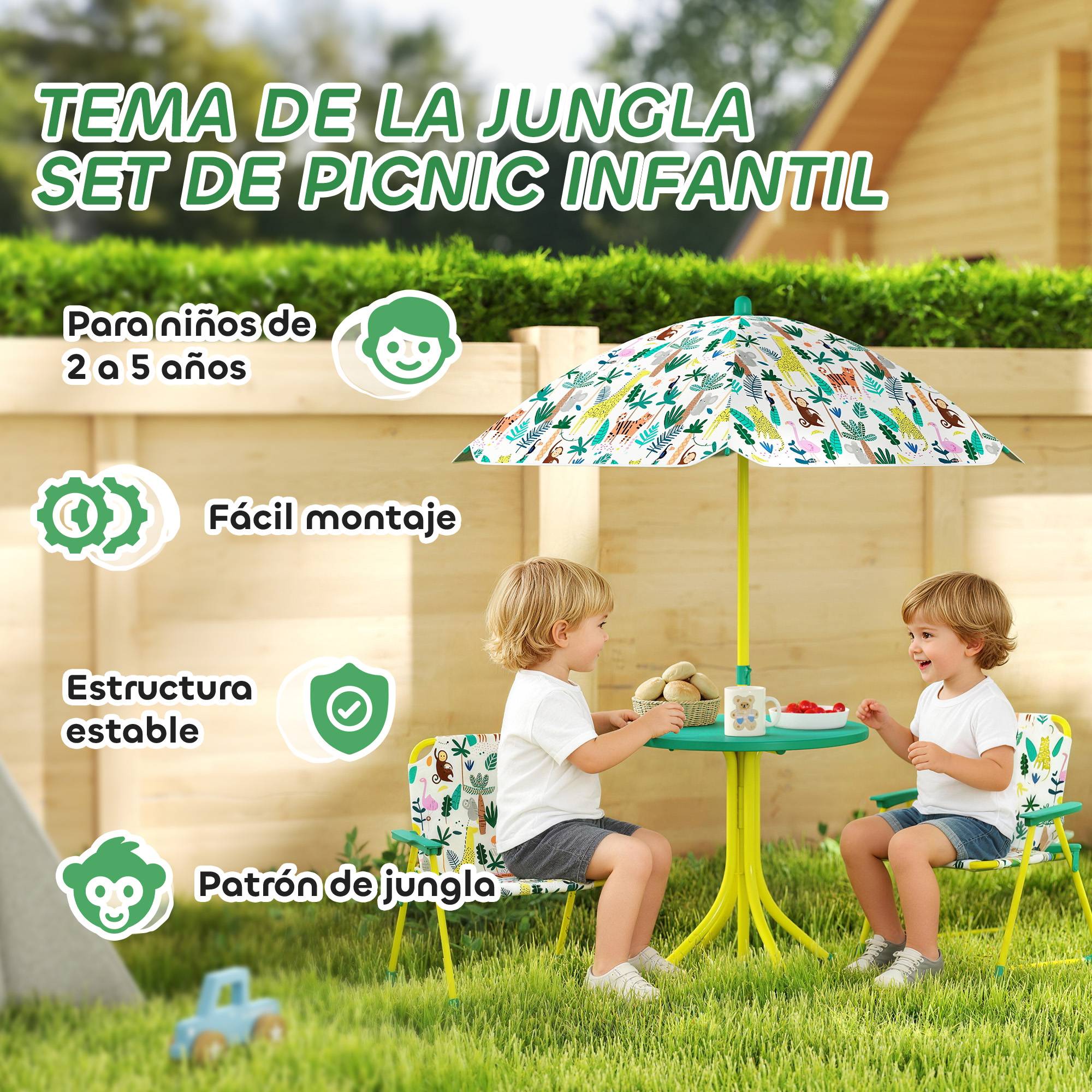 Ensemble table et chaises de jardin pour enfants 4 pièces, chaises pliantes, parasol amovible, motif jungle verte - Image 6