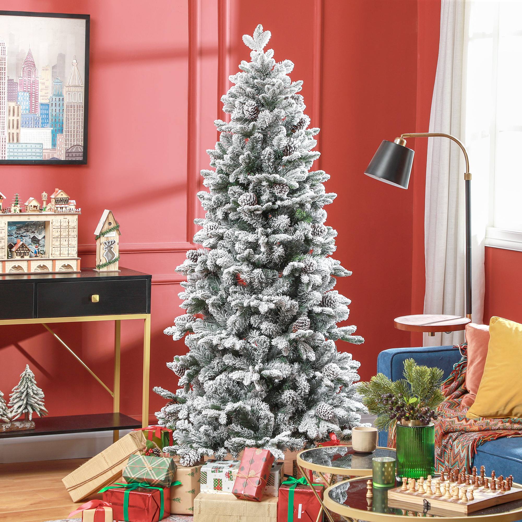 Sapin de Noël artificiel 180 cm Arbre de Noël avec support en métal 1489 branches enneigées, pommes de pin, vert - Image 3