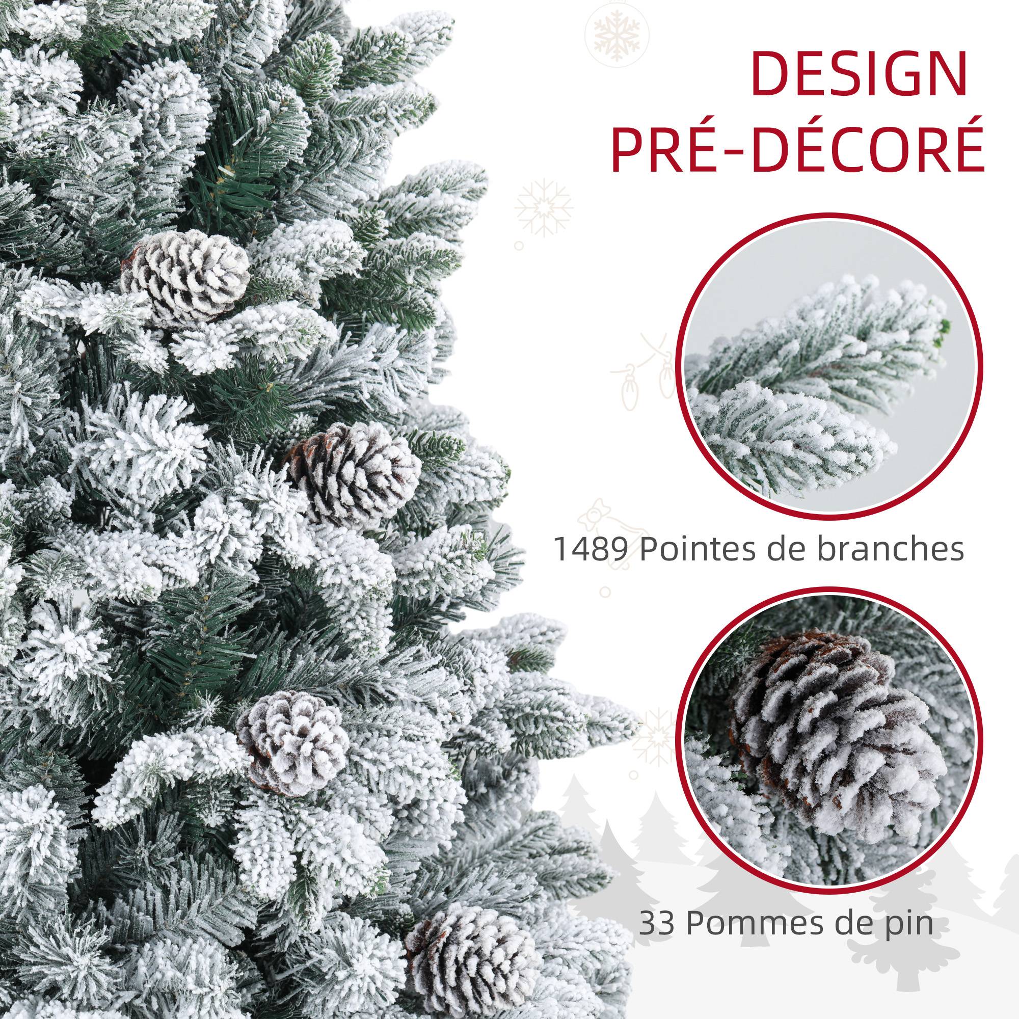 Sapin de Noël artificiel 180 cm Arbre de Noël avec support en métal 1489 branches enneigées, pommes de pin, vert - Image 7