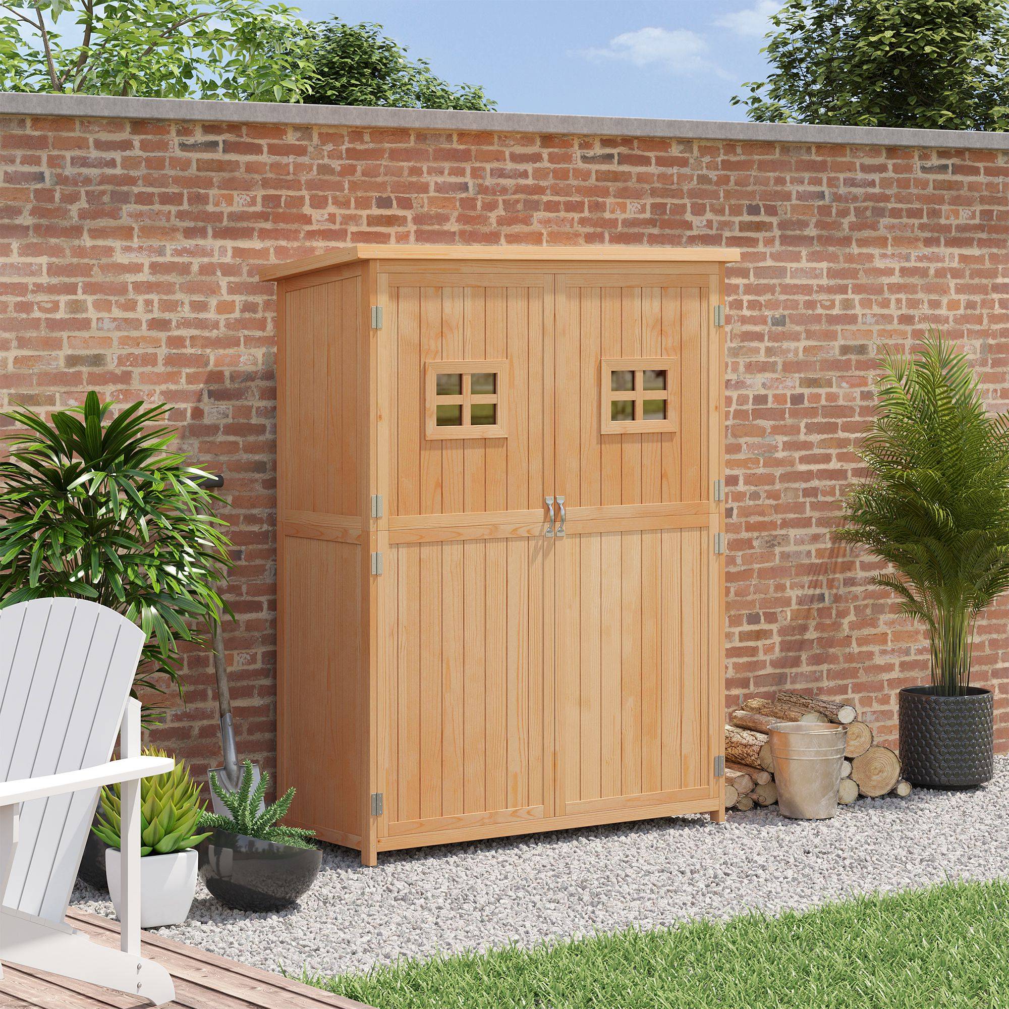 Outsunny - Abri de jardin armoire sur pied dim. 128 x 50 x 164 cm 2 étagères 2 portes 2 fenêtres toit bitumé bois - Image 3