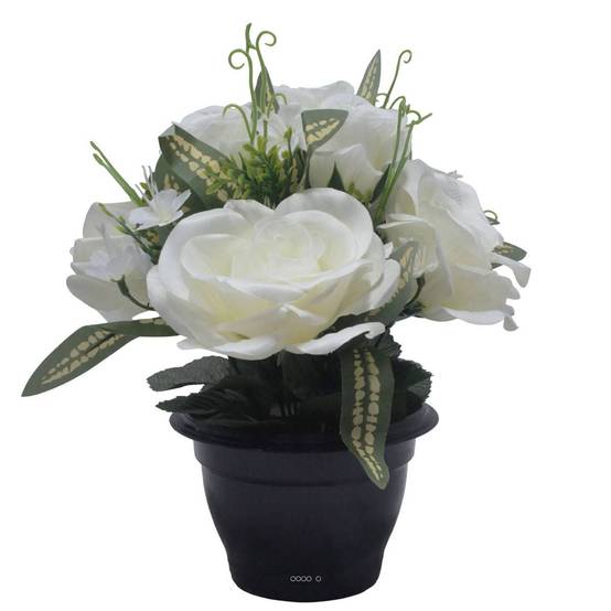 Pot de roses, bouton de rose et mini fleurs creme artificiels pour la Toussaint - Image 2