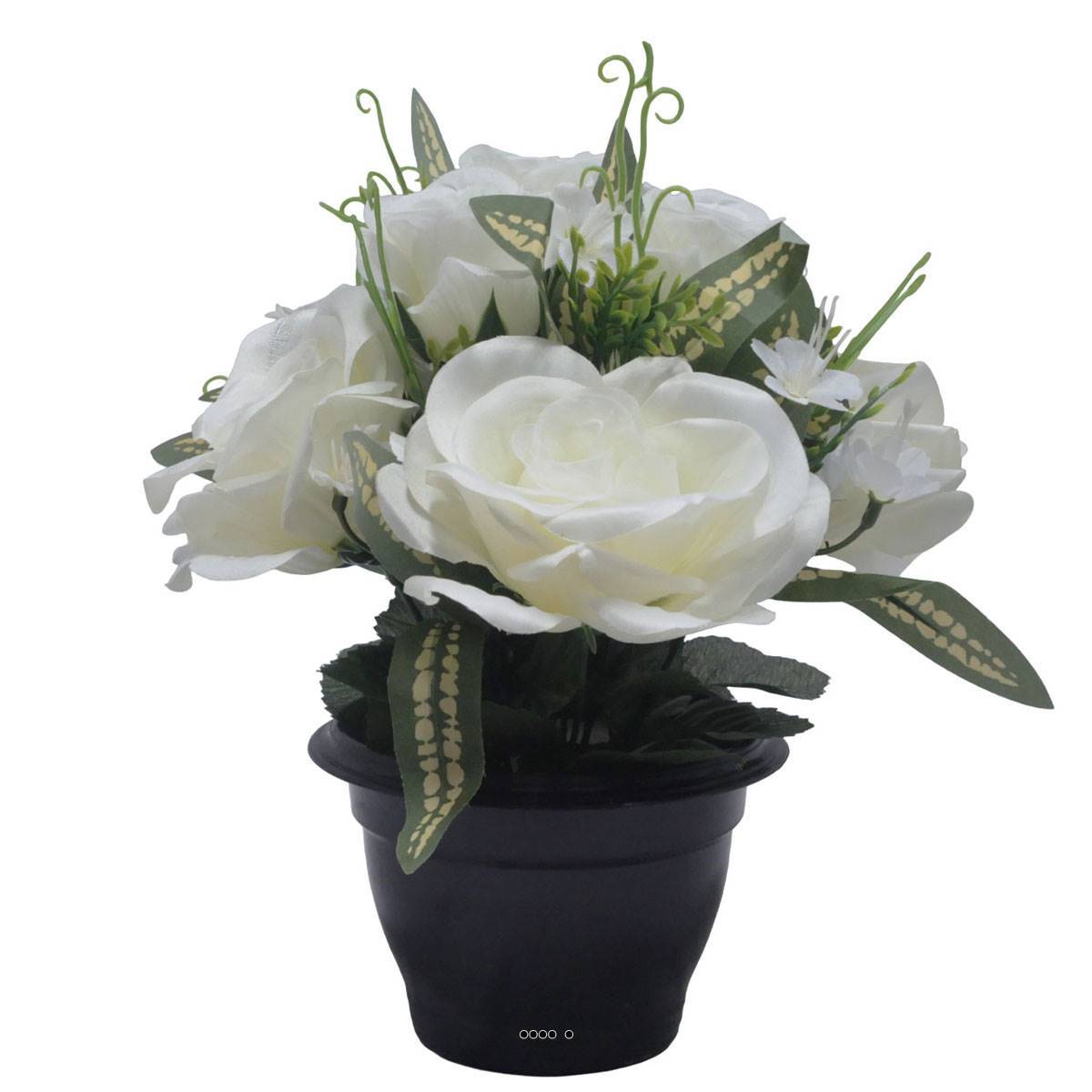 Pot de roses, bouton de rose et mini fleurs creme artificiels pour la Toussaint - Image 1