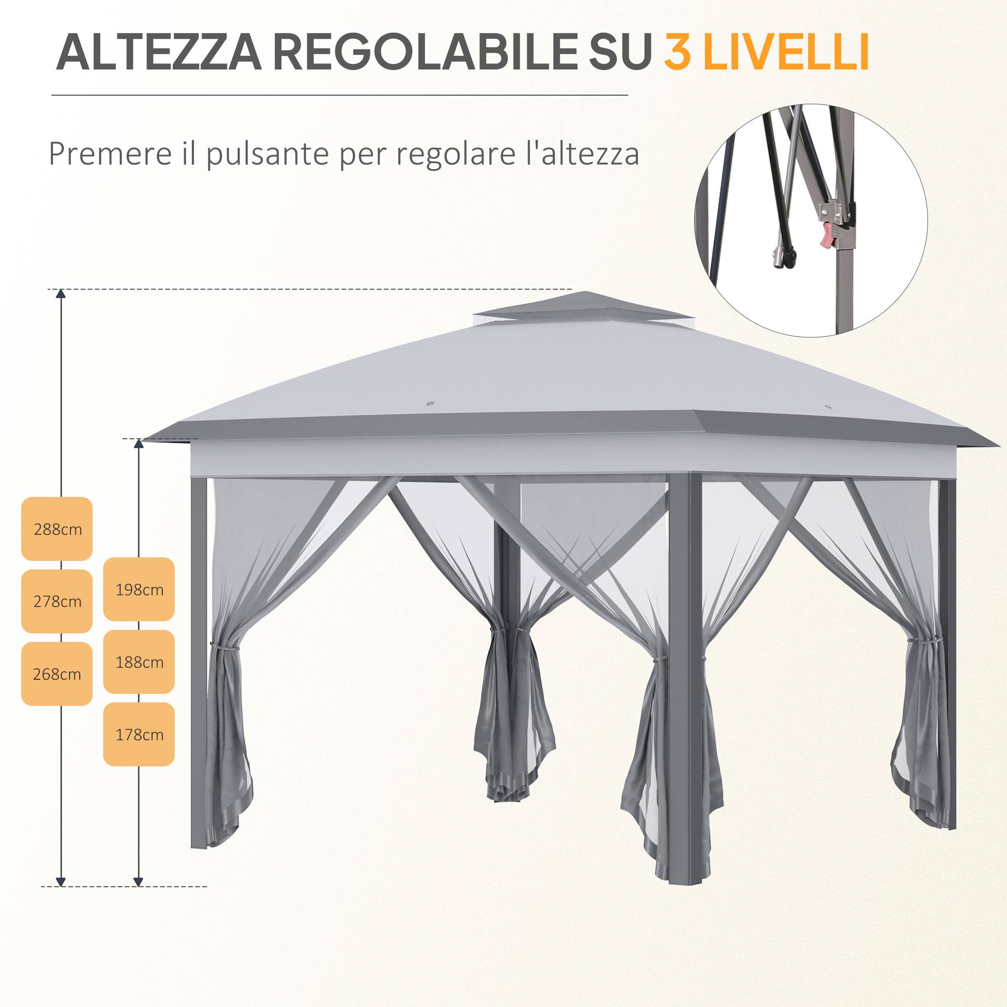 Tonnelle pliante d'extérieur à hauteur réglable avec moustiquaires, 3,3 x 3,3 x 2,8 m, grise - Image 8