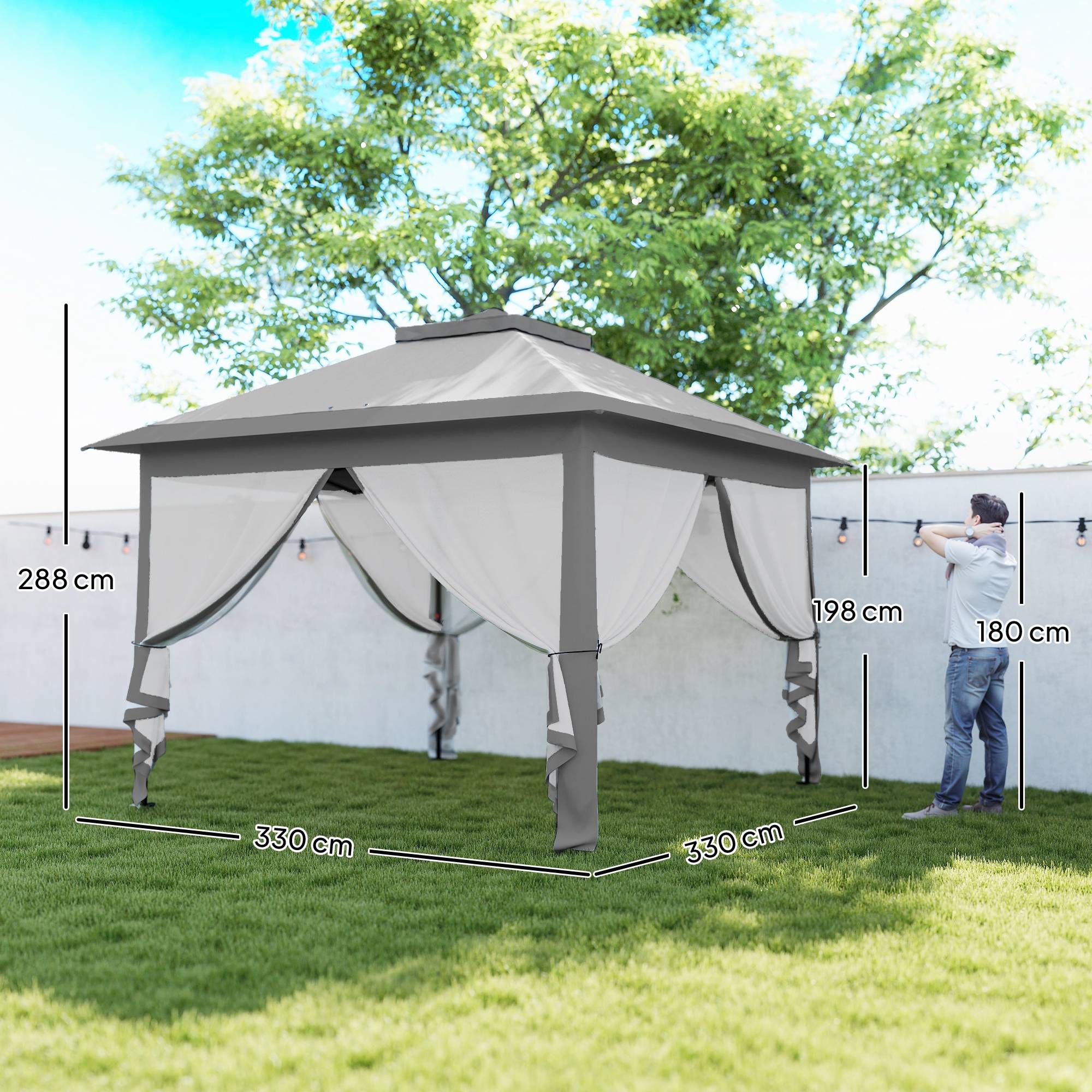 Tonnelle pliante d'extérieur à hauteur réglable avec moustiquaires, 3,3 x 3,3 x 2,8 m, grise - Image 5