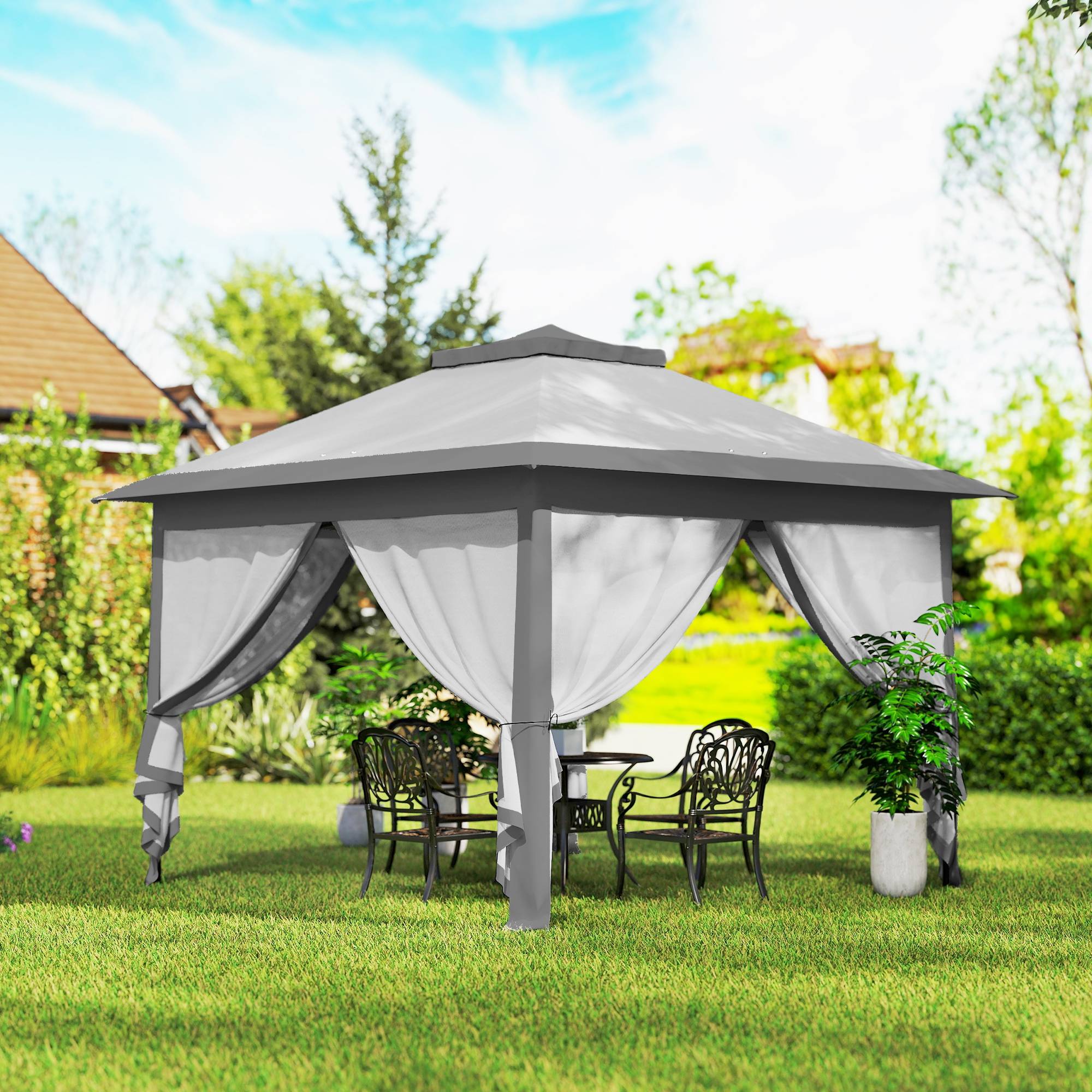 Tonnelle pliante d'extérieur à hauteur réglable avec moustiquaires, 3,3 x 3,3 x 2,8 m, grise - Image 4