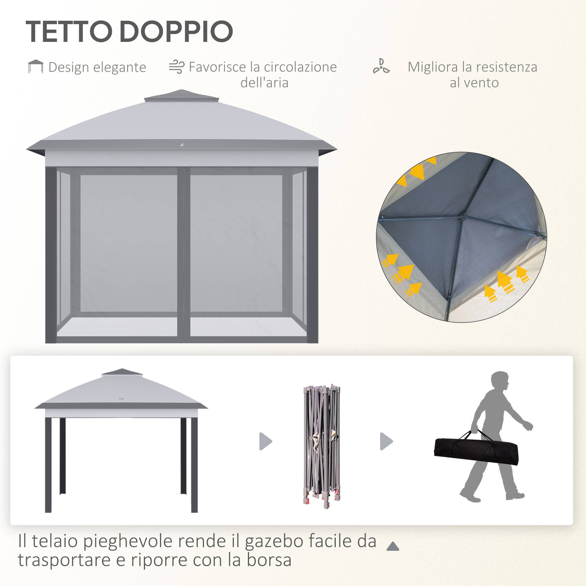 Tonnelle pliante d'extérieur à hauteur réglable avec moustiquaires, 3,3 x 3,3 x 2,8 m, grise - Image 6