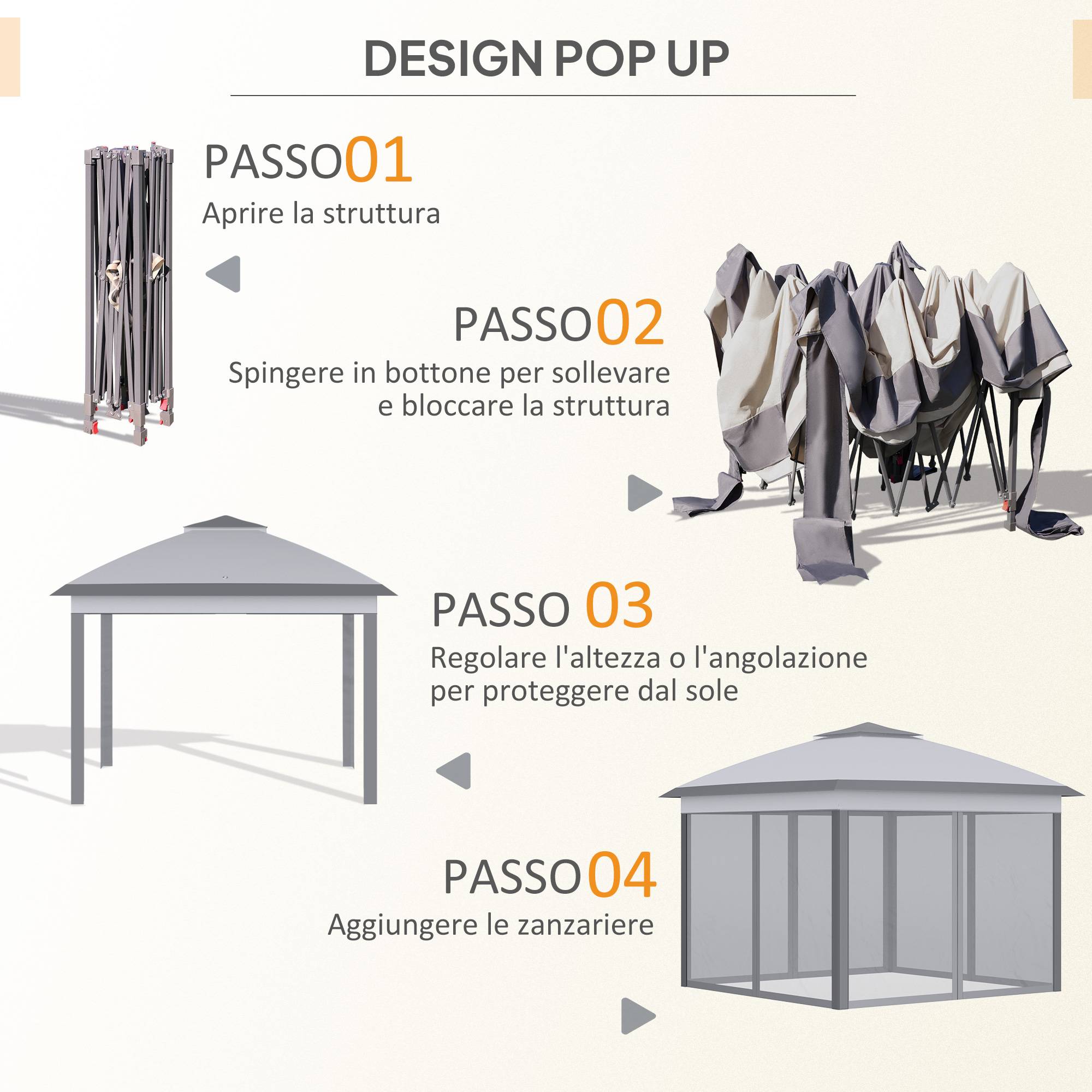 Tonnelle pliante d'extérieur à hauteur réglable avec moustiquaires, 3,3 x 3,3 x 2,8 m, grise - Image 7