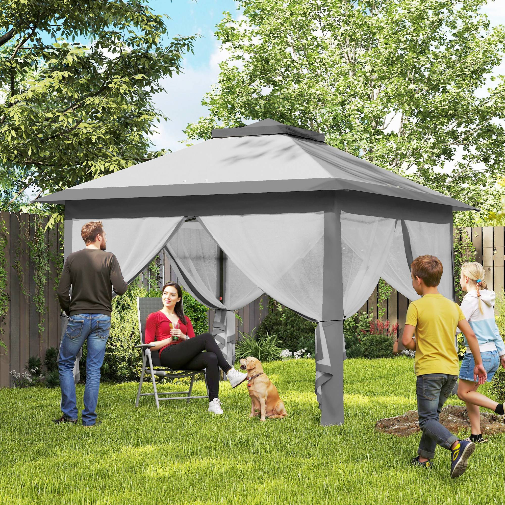 Tonnelle pliante d'extérieur à hauteur réglable avec moustiquaires, 3,3 x 3,3 x 2,8 m, grise - Image 3