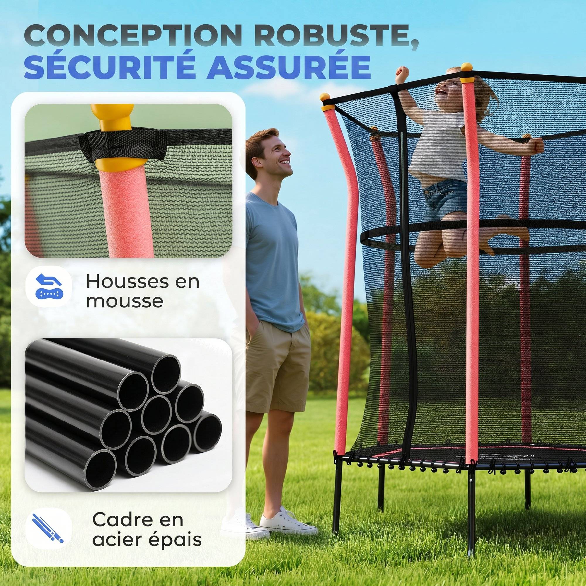 Trampoline pour enfant Ø 1,63 x 1,9 m filet de sécurité porte zippée 6 poteaux rembourrés inclus - Image 6