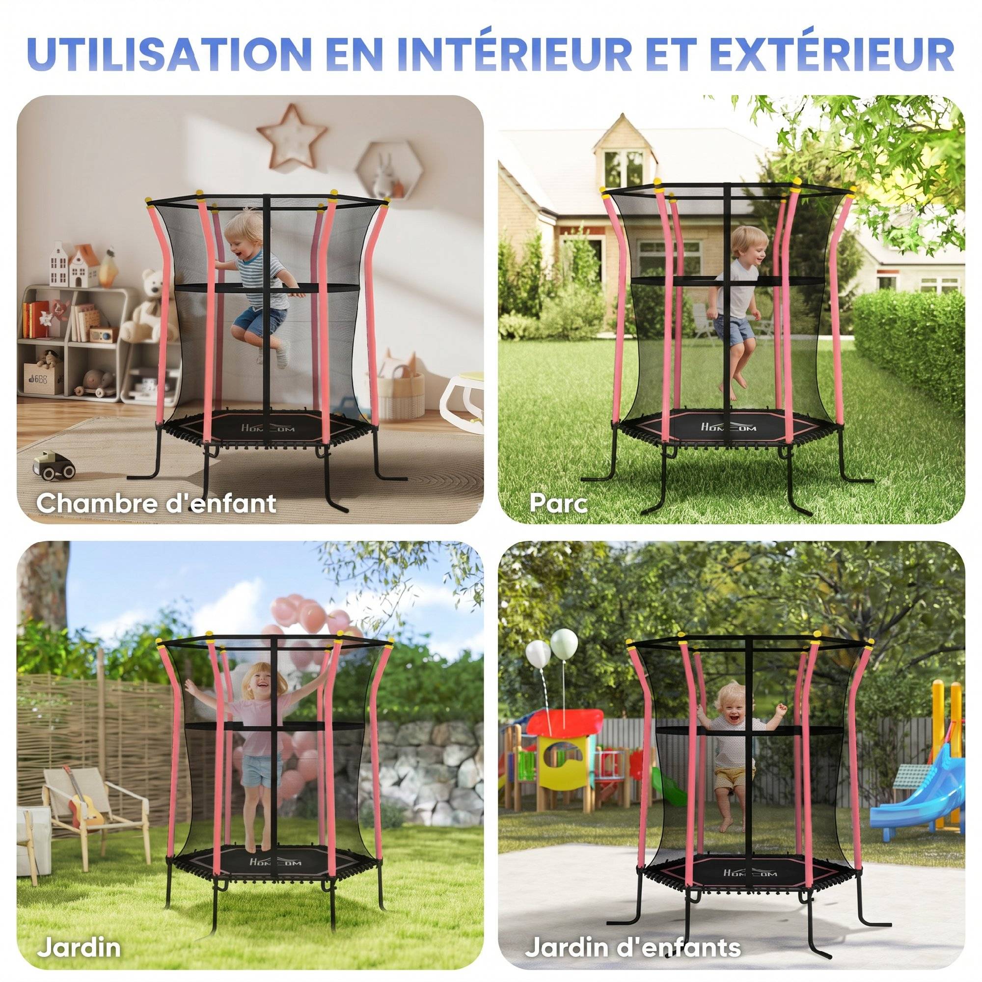 Trampoline pour enfant Ø 1,63 x 1,9 m filet de sécurité porte zippée 6 poteaux rembourrés inclus - Image 9