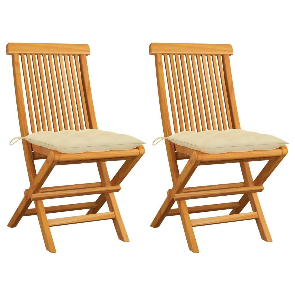 Lot de 2 Chaises de jardin et coussins - Chaises d'extérieur - Fauteuils de jardin blanc crème Teck massif-JU12621 - Image 2