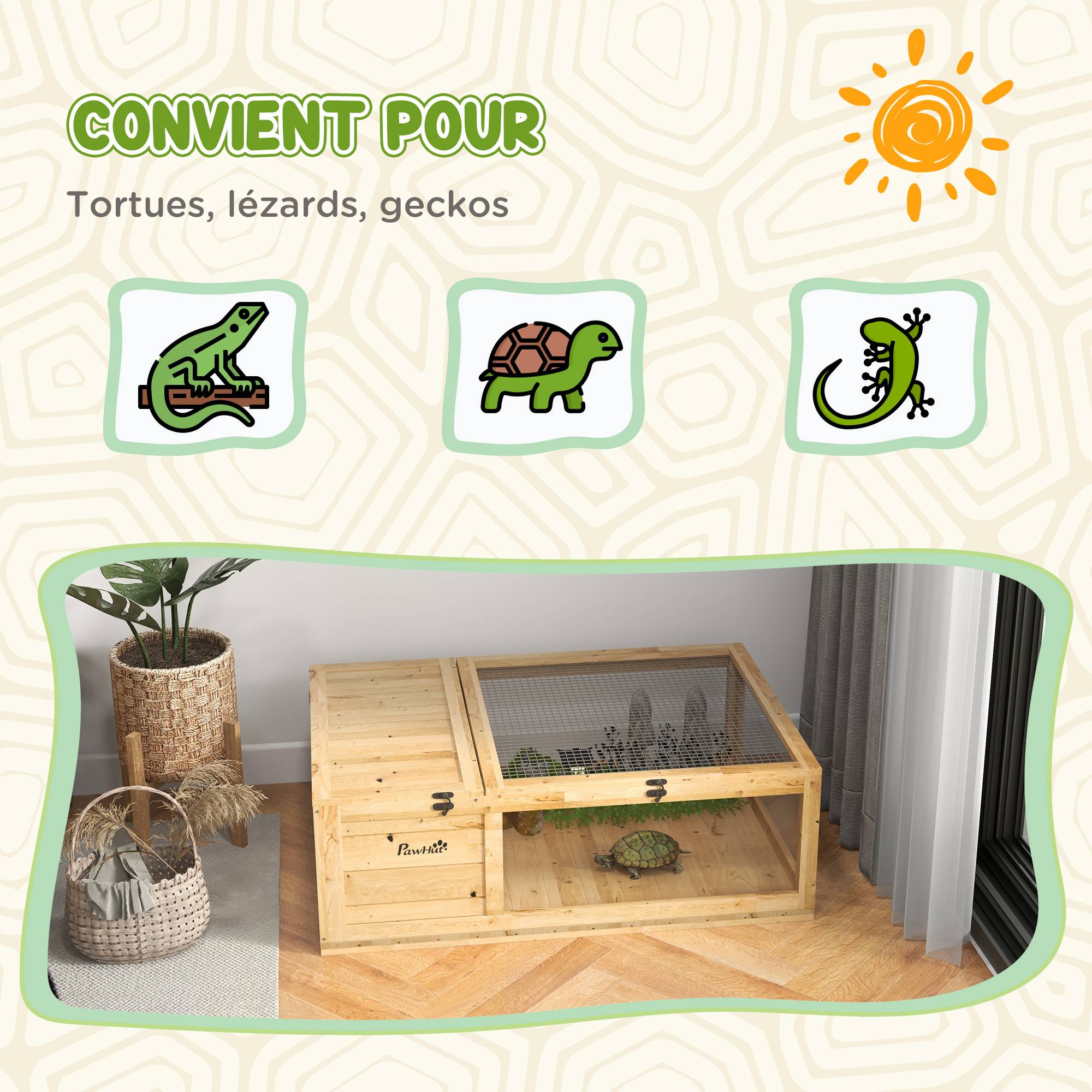 Maison enclos cage habitat pour petit animal tortues avec 2 espaces 91 x 60,5 x 32 cm bois massif jaune clair - Image 9