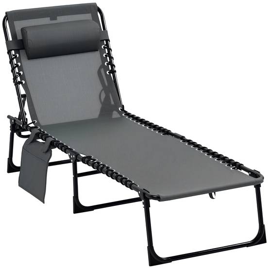 Chaise longue de jardin pliante avec dossier inclinable 5 positions et coussin, 185 x 58 x 30 cm, grise - Image 1