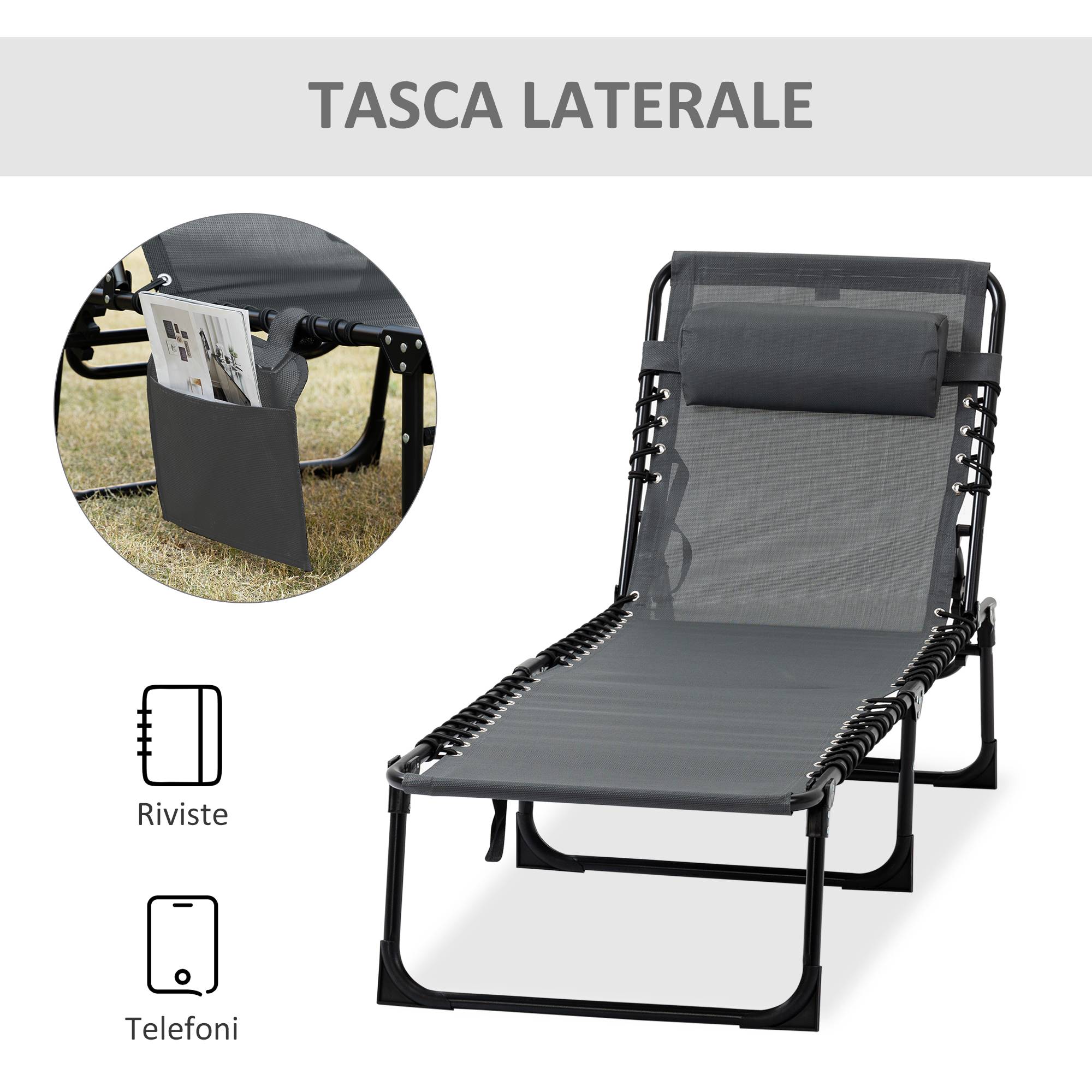 Chaise longue de jardin pliante avec dossier inclinable 5 positions et coussin, 185 x 58 x 30 cm, grise - Image 9