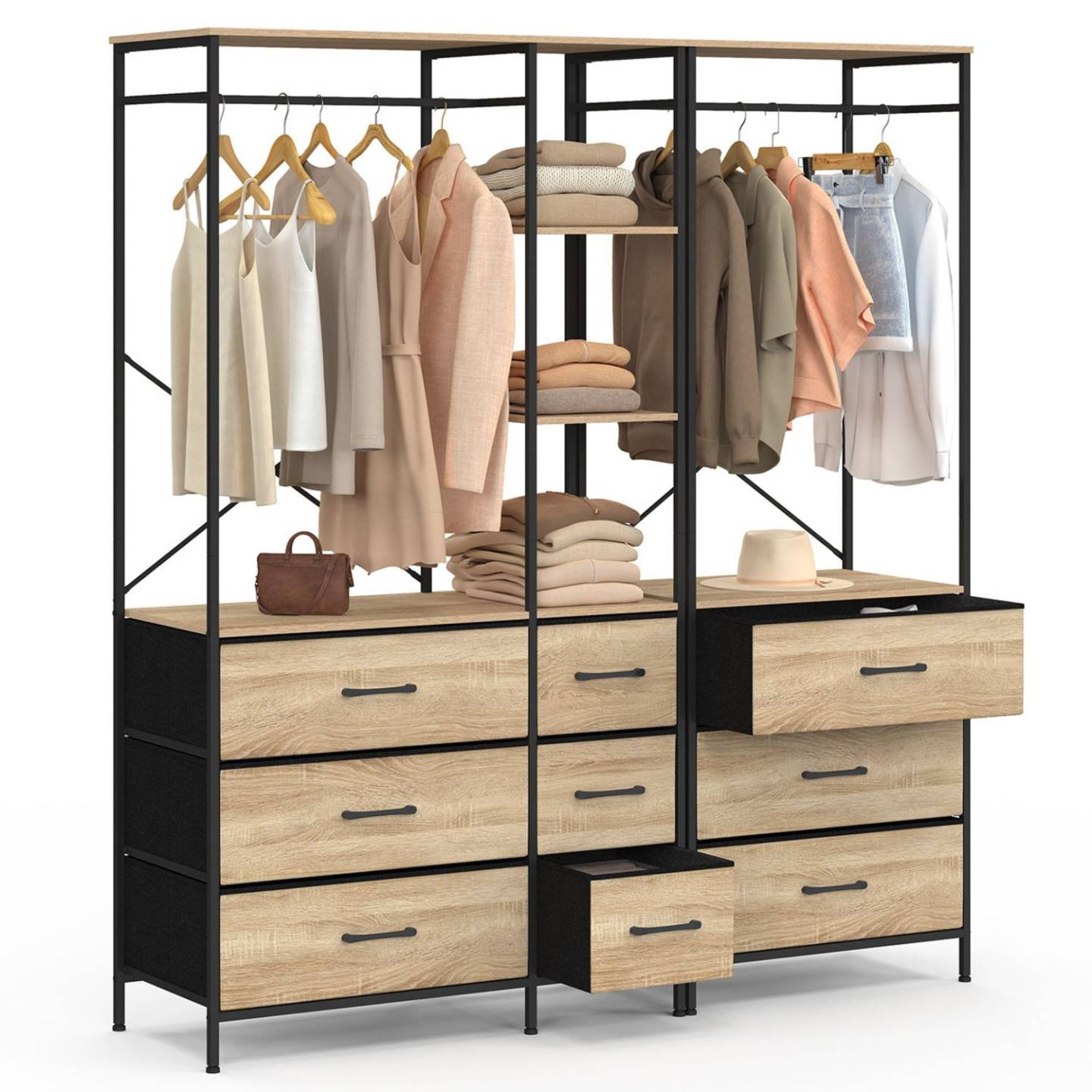 Dressing penderie modulable L. 150 cm UTAH XXL avec 3 étagères et 9 bacs en tissu bois et noir - Image 6