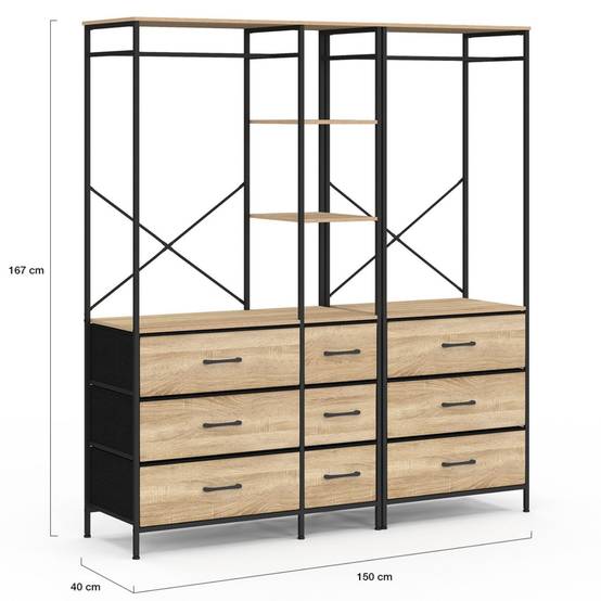 Dressing penderie modulable L. 150 cm UTAH XXL avec 3 étagères et 9 bacs en tissu bois et noir - Image 4