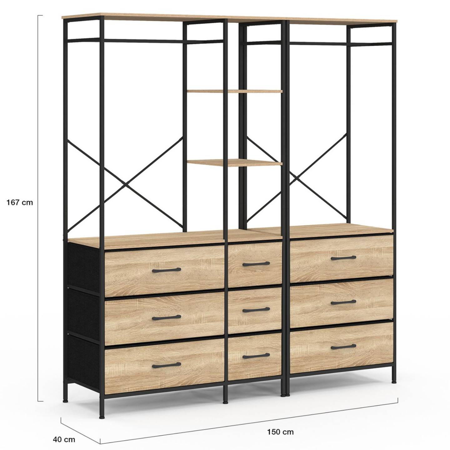 Dressing penderie modulable L. 150 cm UTAH XXL avec 3 étagères et 9 bacs en tissu bois et noir - Image 4