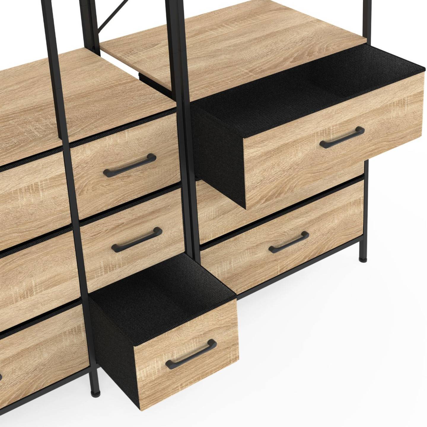 Dressing penderie modulable L. 150 cm UTAH XXL avec 3 étagères et 9 bacs en tissu bois et noir - Image 5