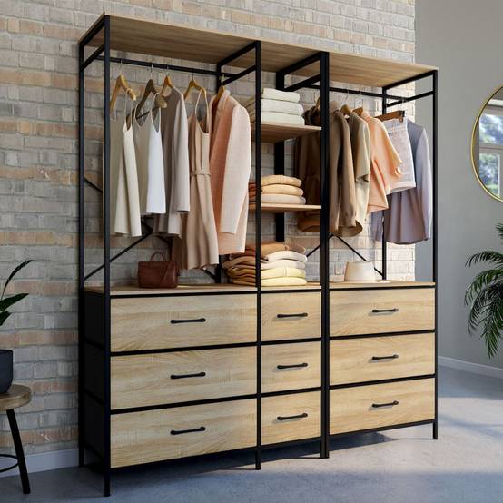 Dressing penderie modulable L. 150 cm UTAH XXL avec 3 étagères et 9 bacs en tissu bois et noir - Image 1